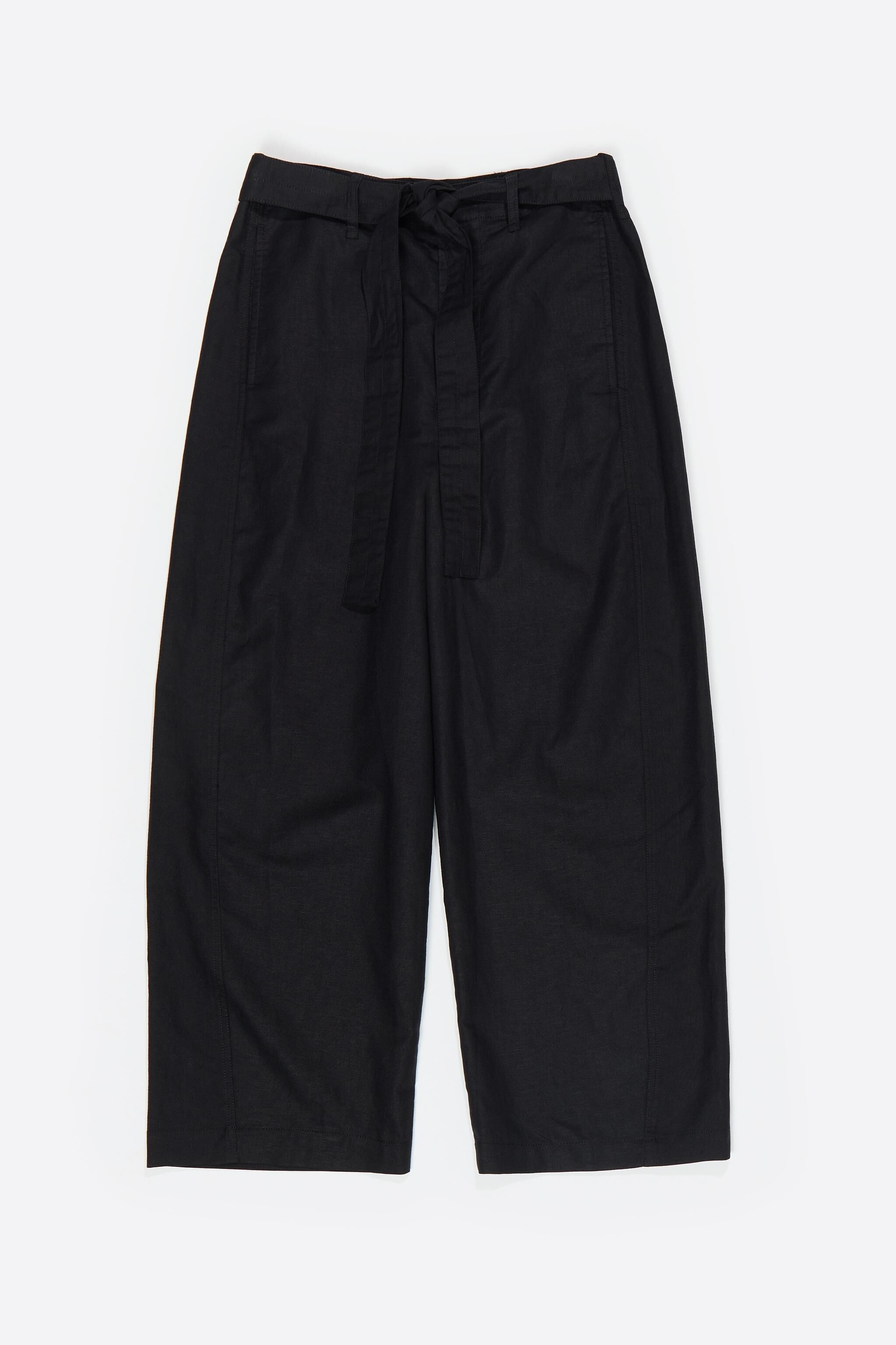 Black linen barrel leg trousers