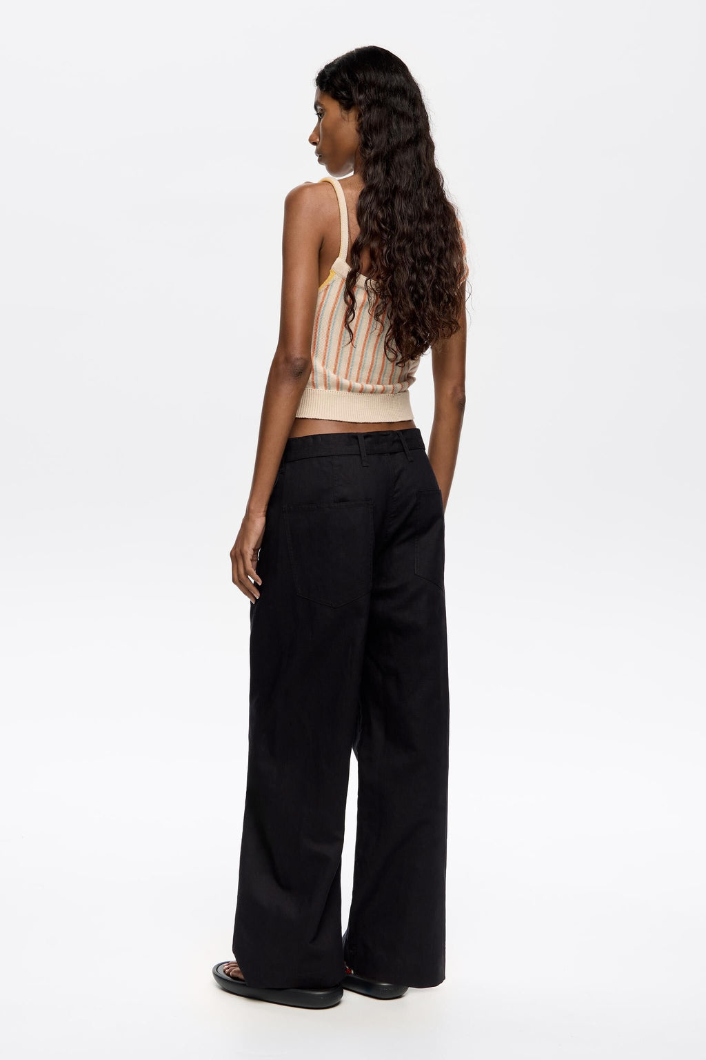 Black linen barrel leg trousers
