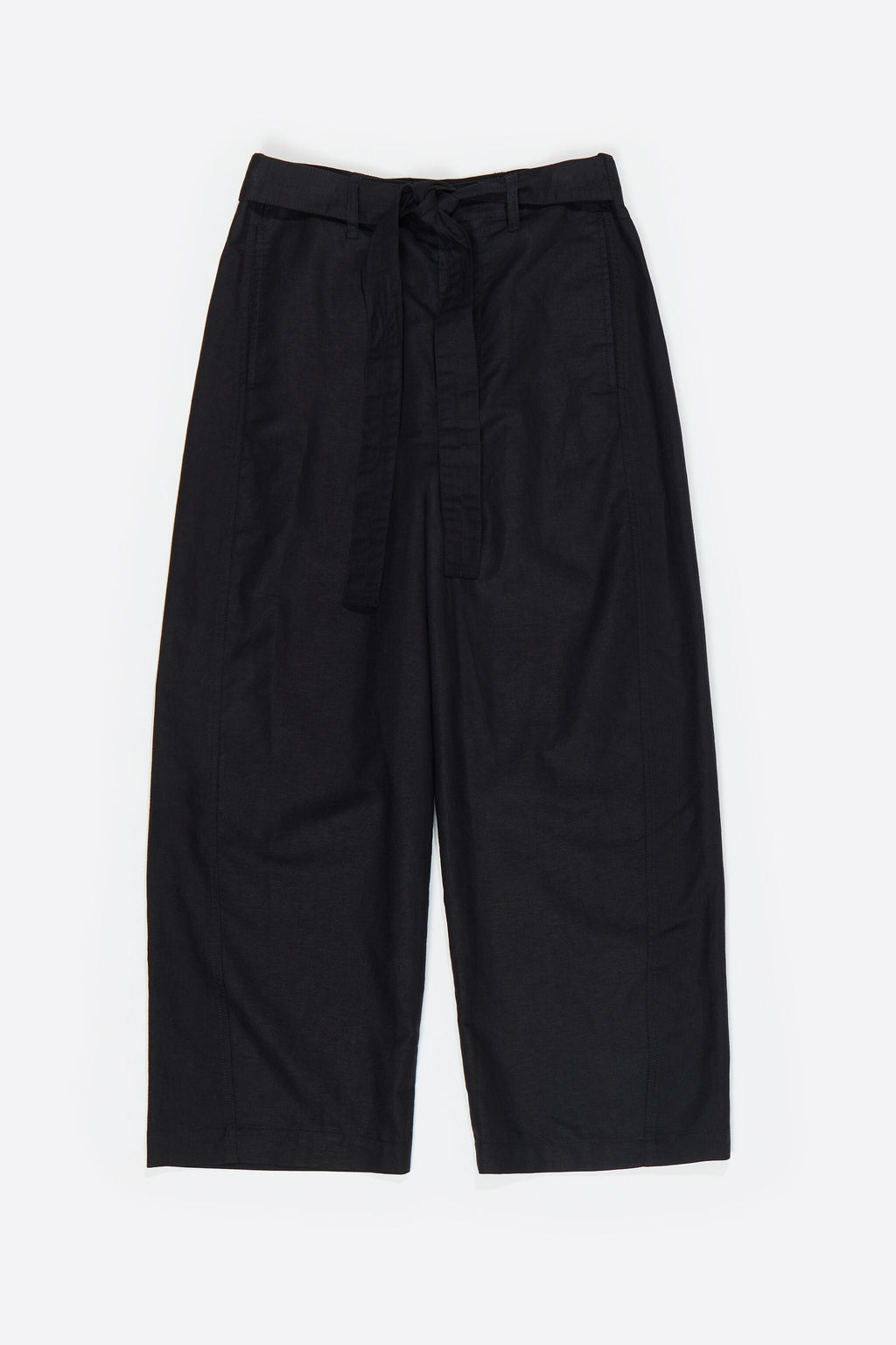 Black linen barrel leg trousers