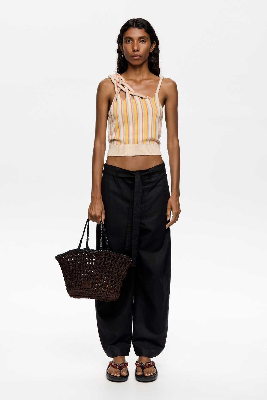 Black linen barrel leg trousers