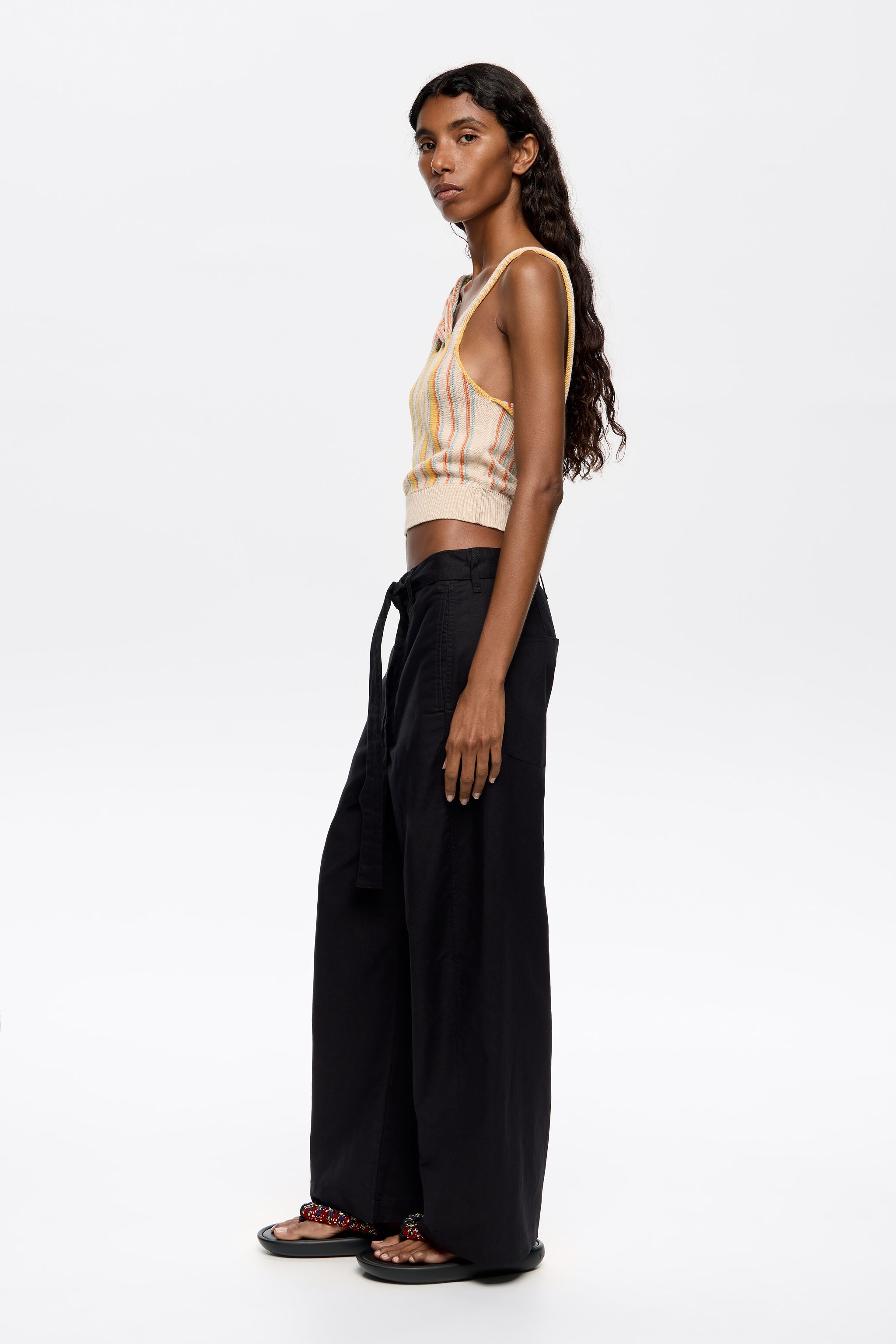 Black linen barrel leg trousers