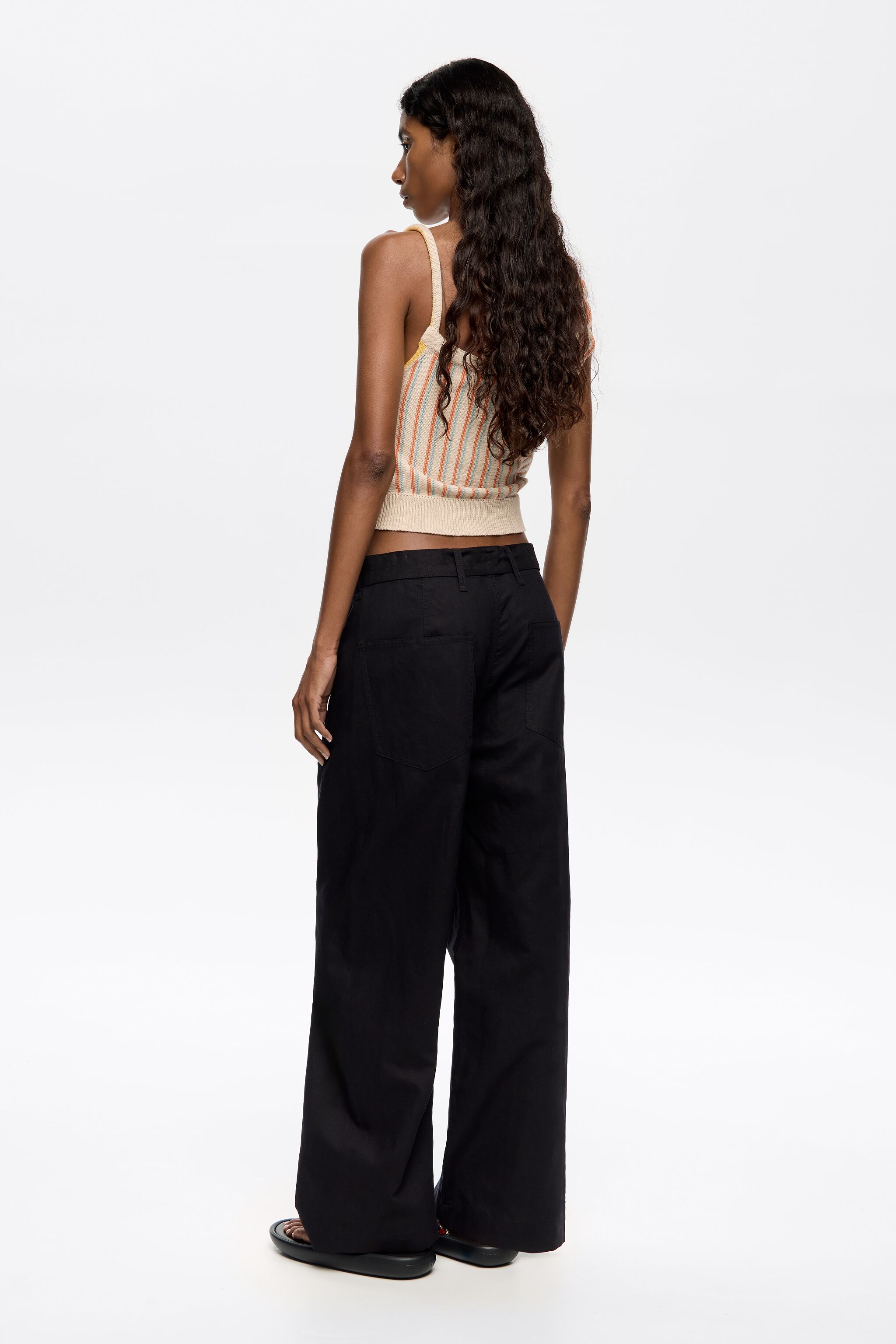 Black linen barrel leg trousers