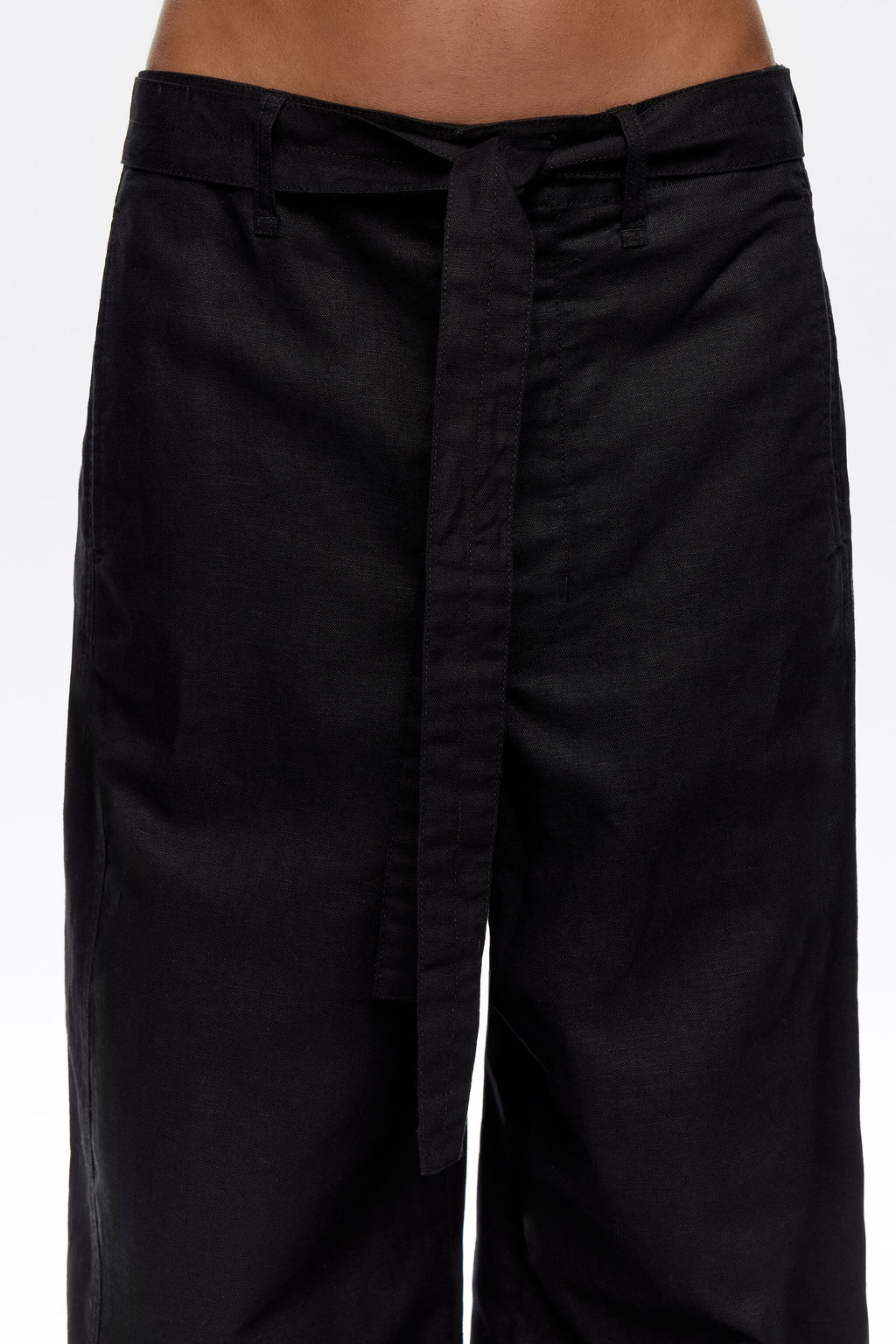 Black linen barrel leg trousers
