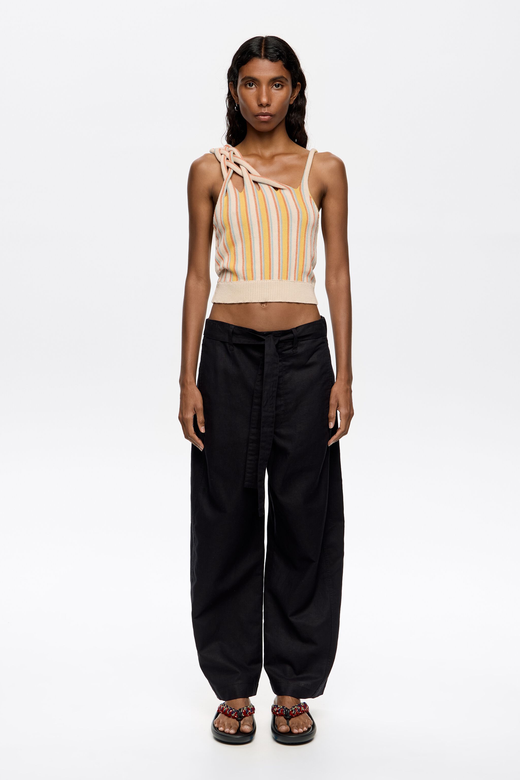 Black linen barrel leg trousers