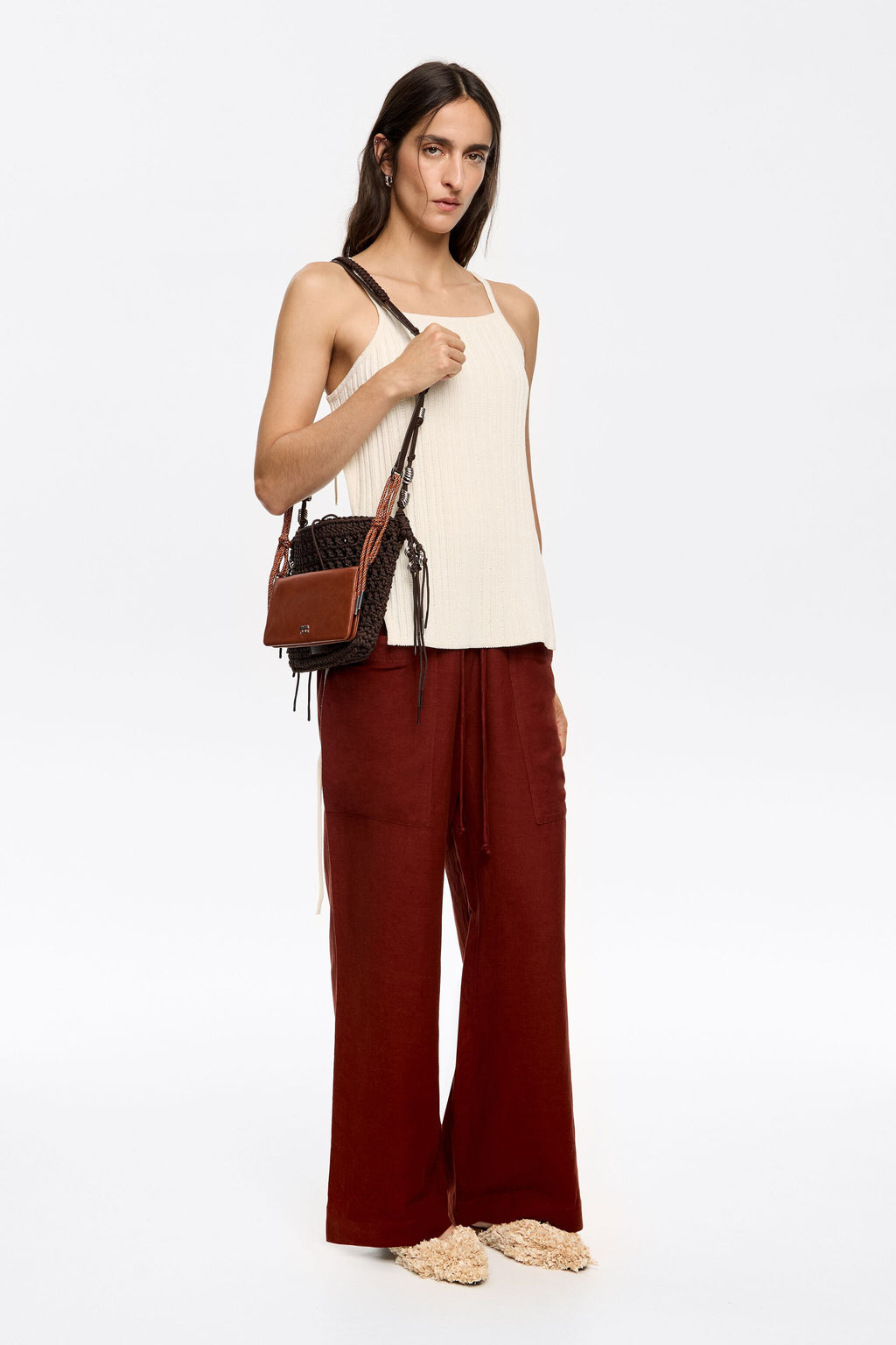 Brown linen jogger trousers with maxi pockets