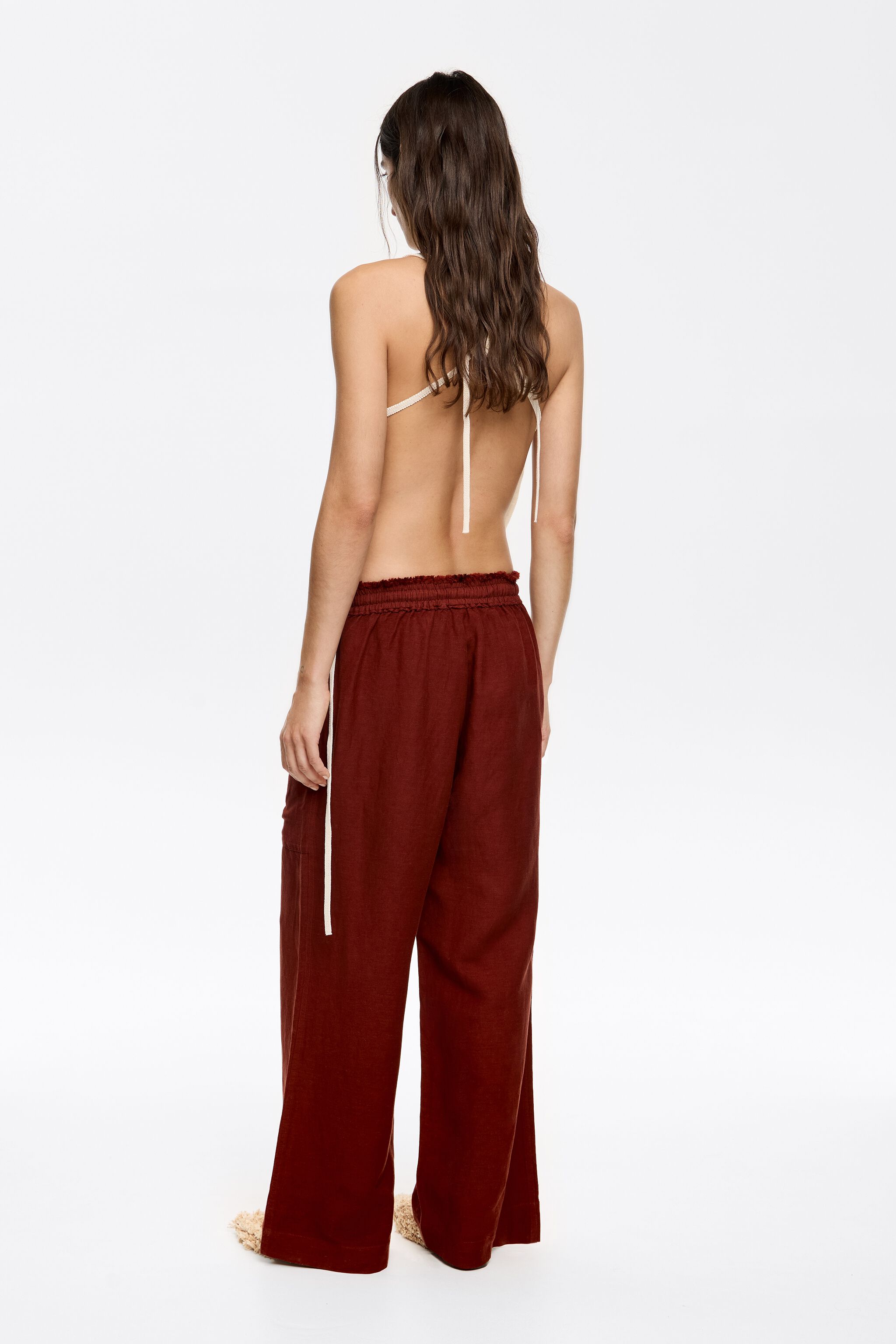 Brown linen jogger trousers with maxi pockets