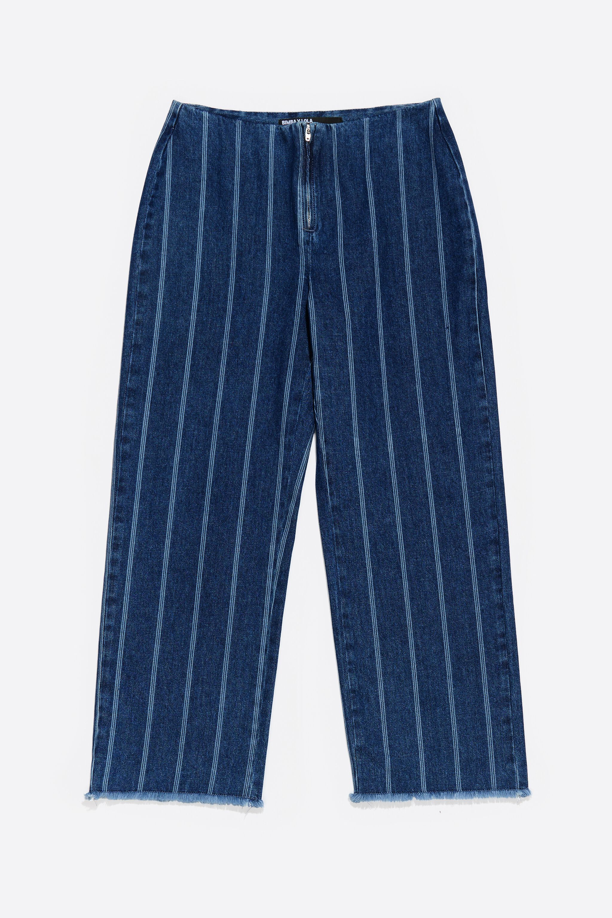 Blue striped frayed denim trousers