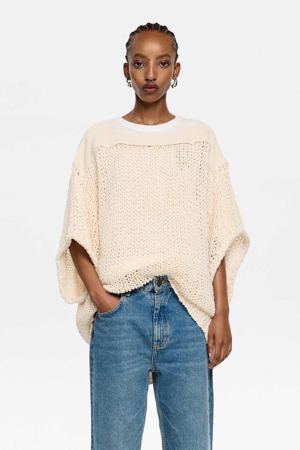 Ivory oversize open-knit sweater
