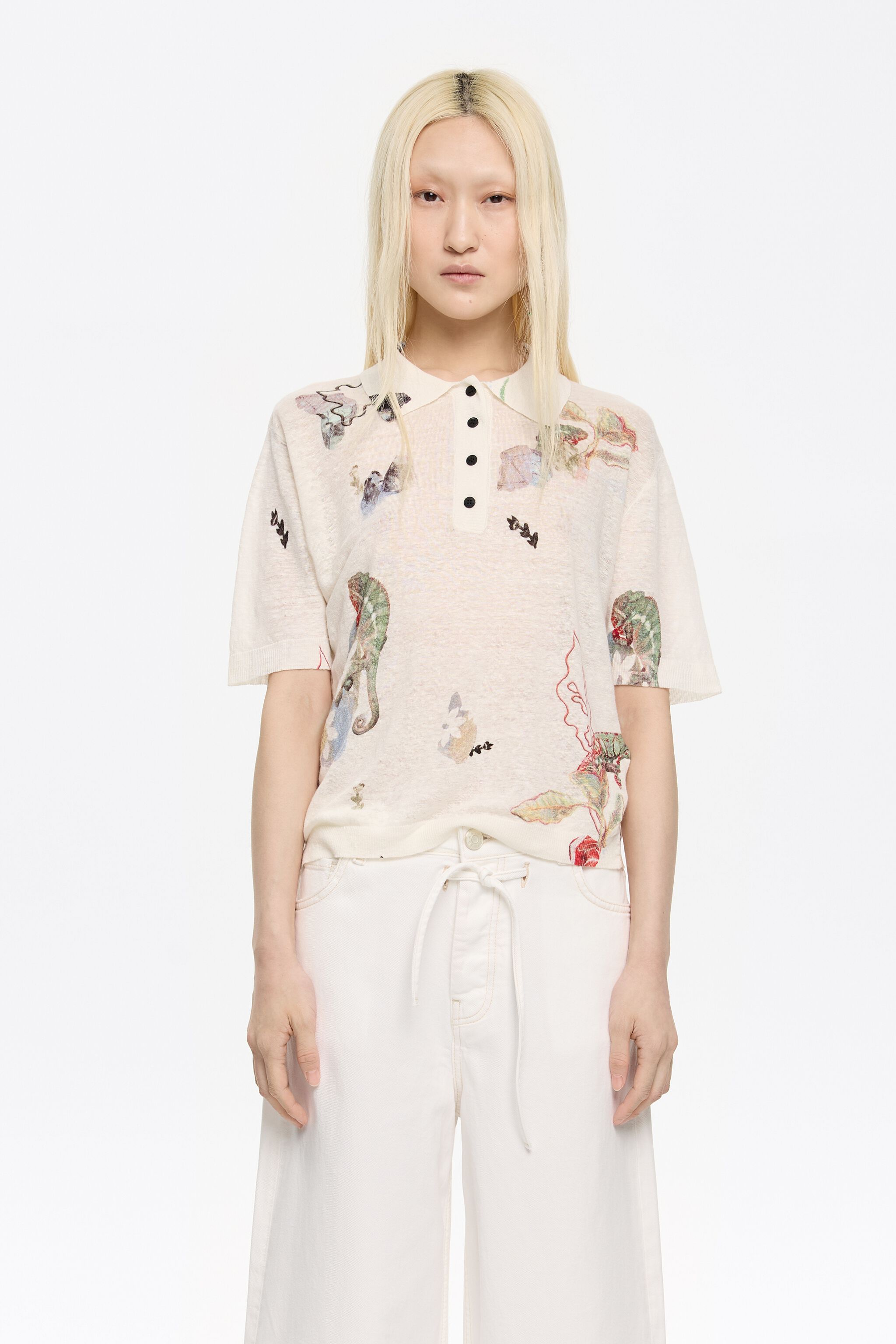 Ivory Chameleon linen polo shirt collar sweater