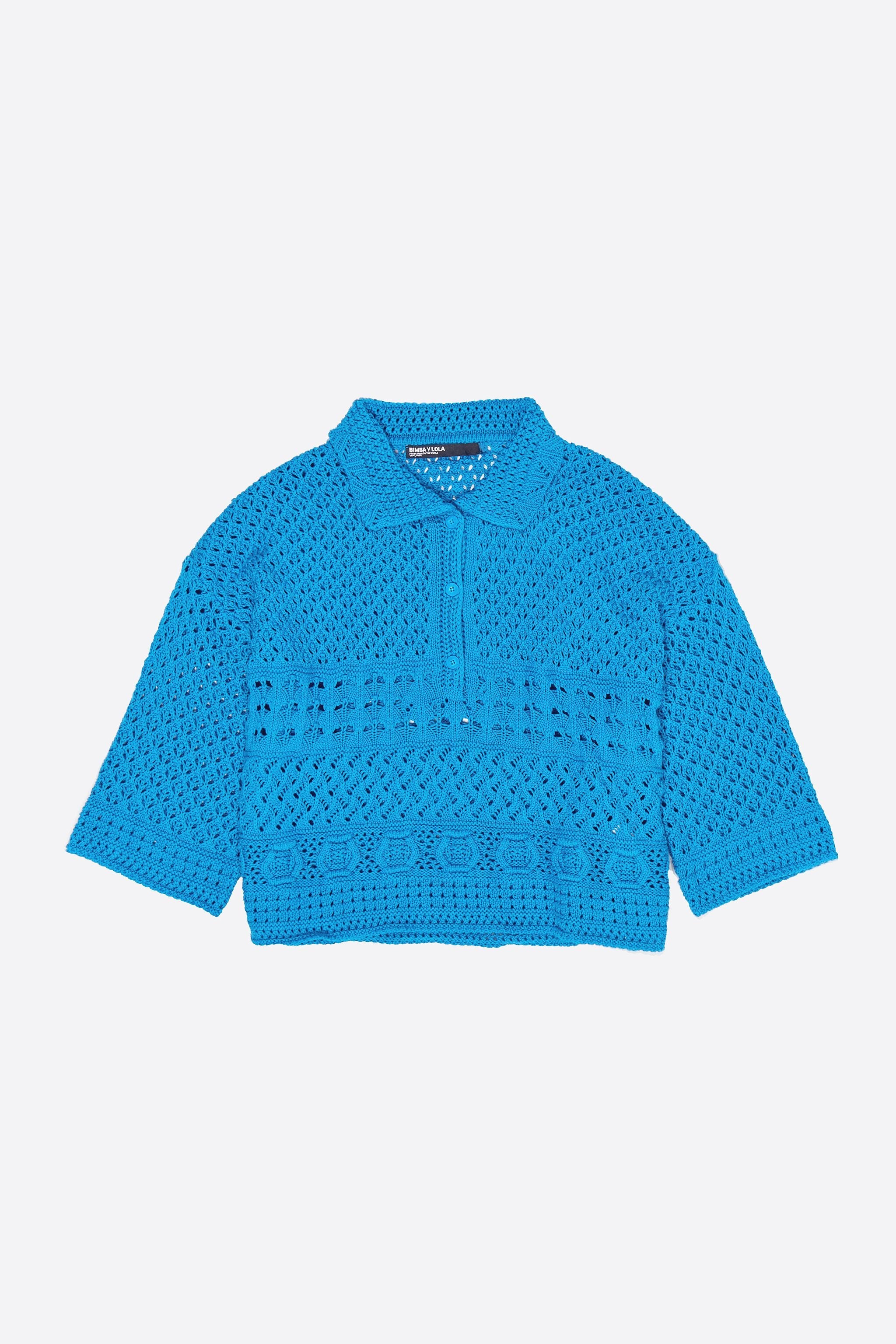 Electric blue crochet polo shirt