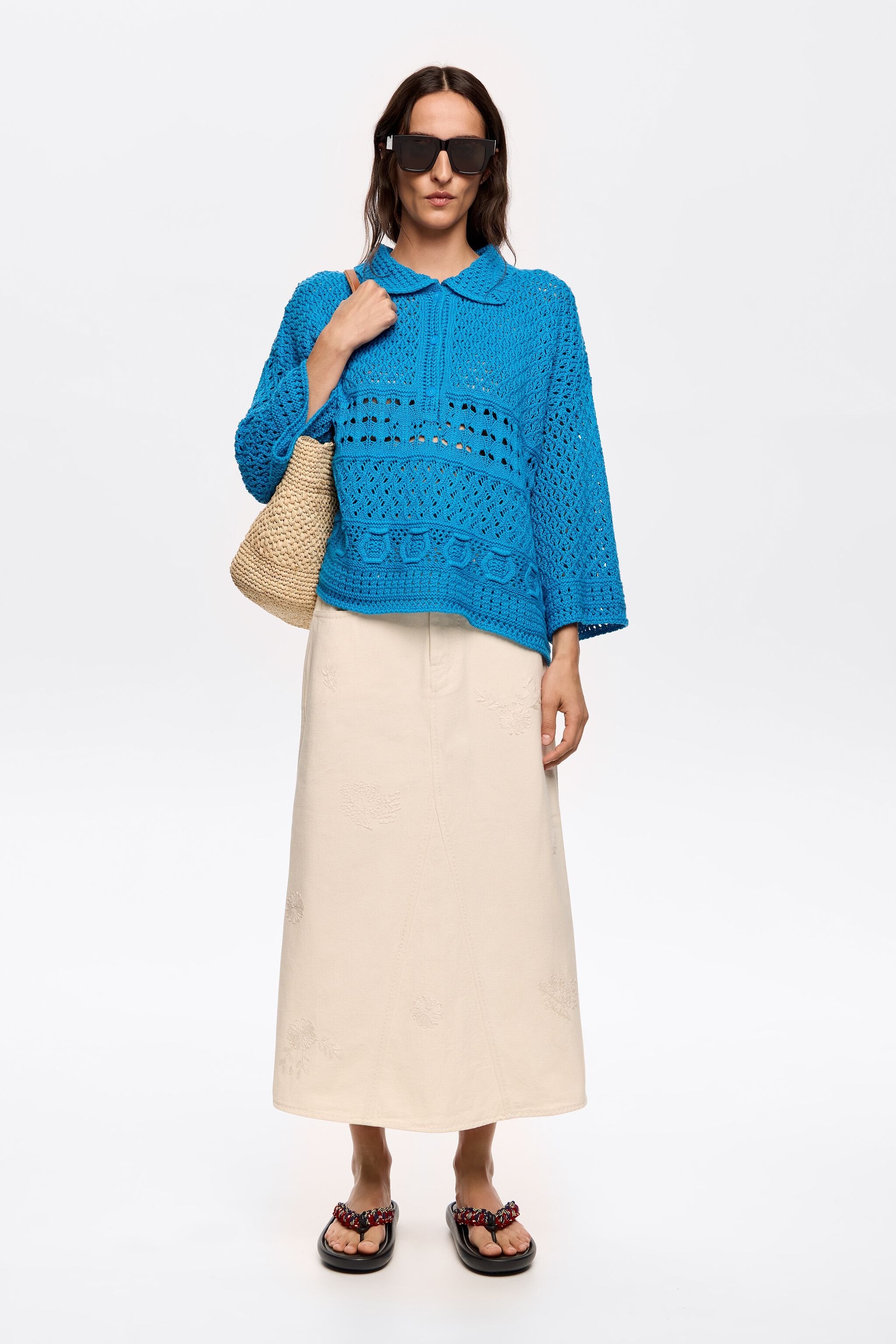 Electric blue crochet polo shirt