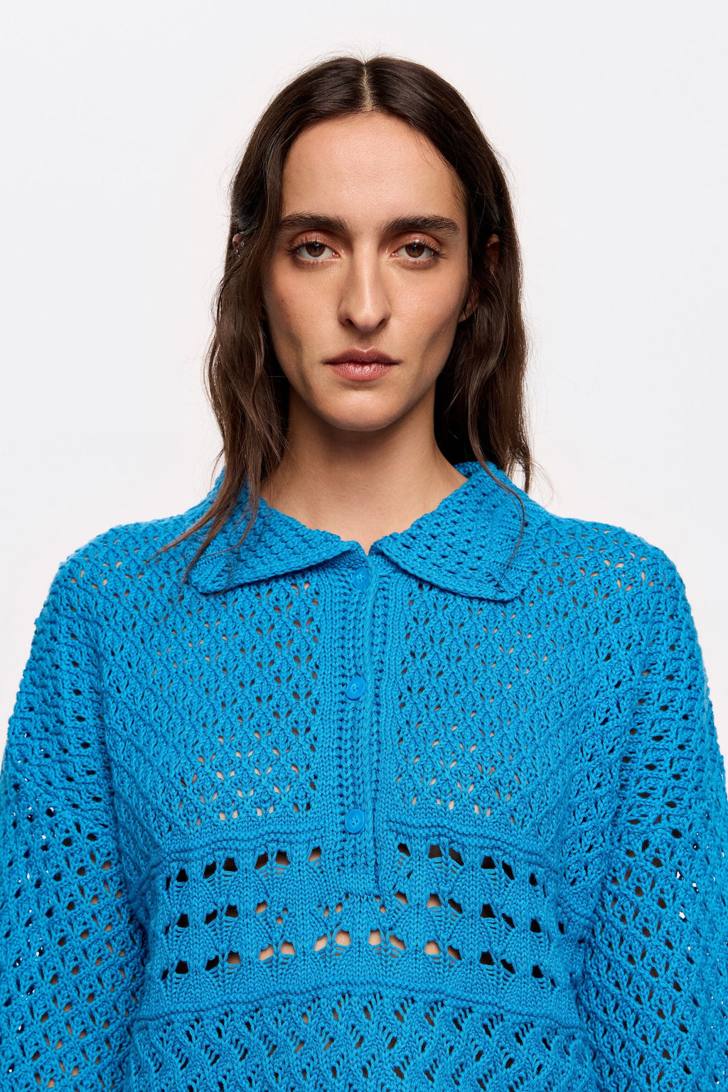 Electric blue crochet polo shirt