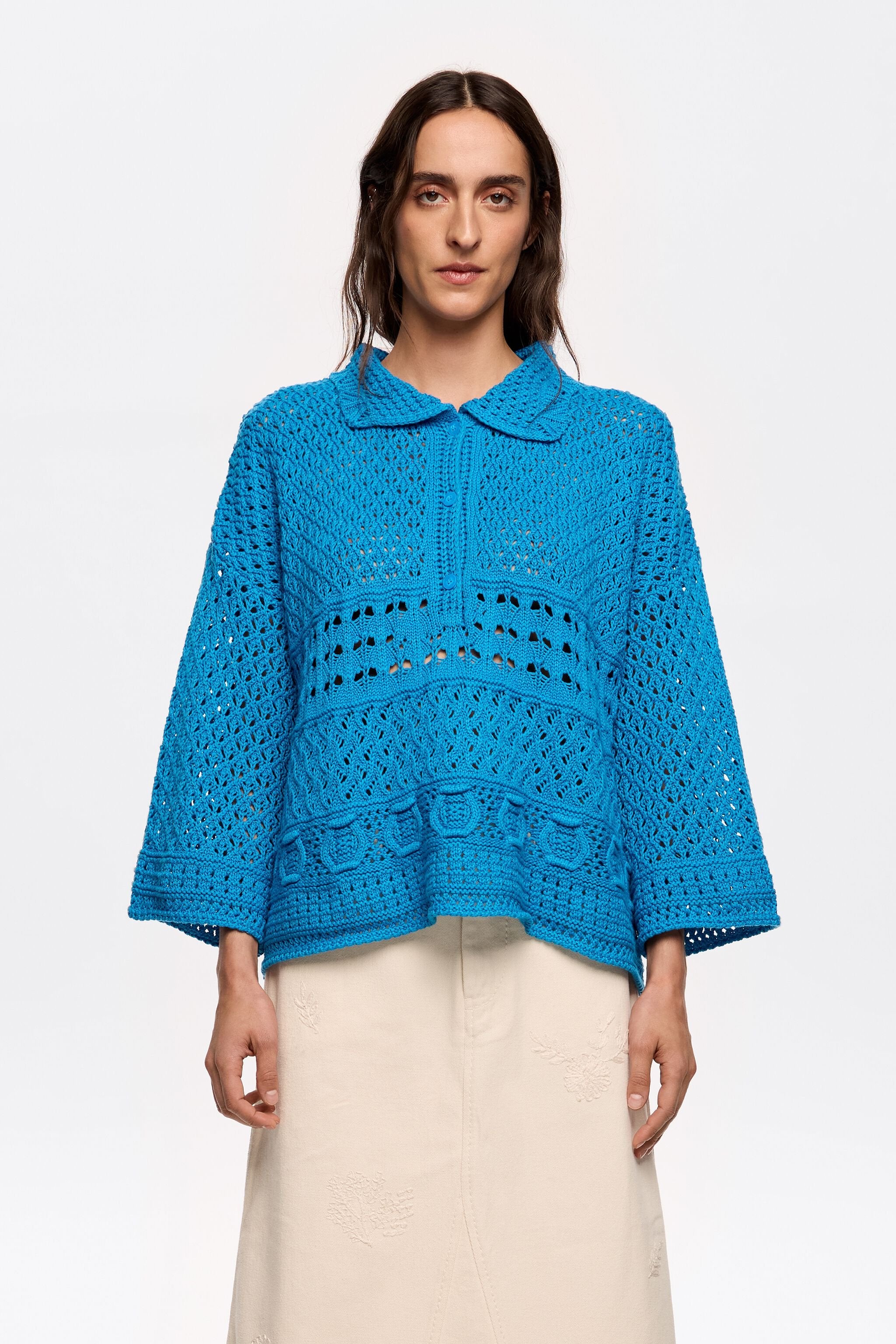 Electric blue crochet polo shirt