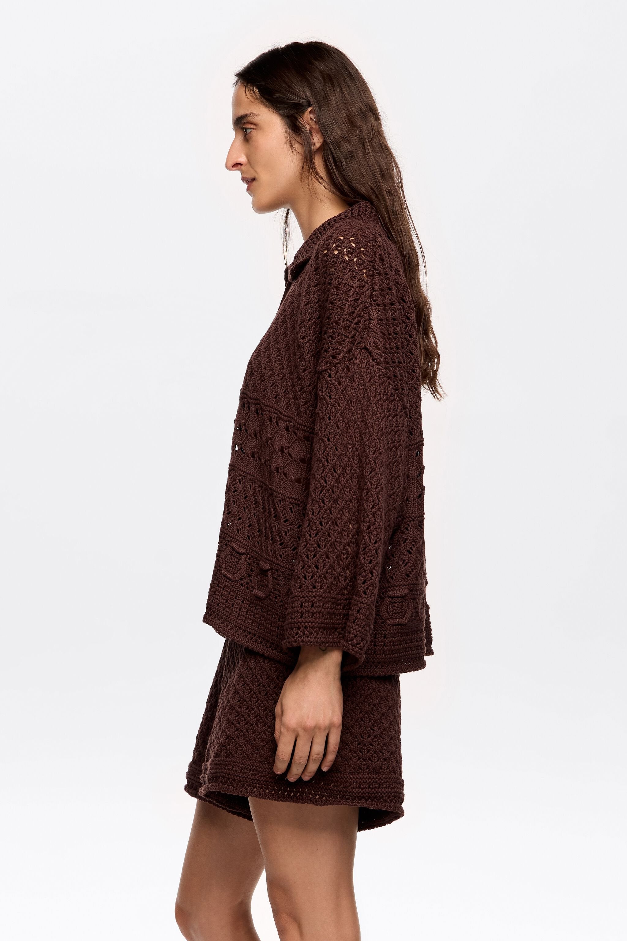 Dark brown crochet polo shirt