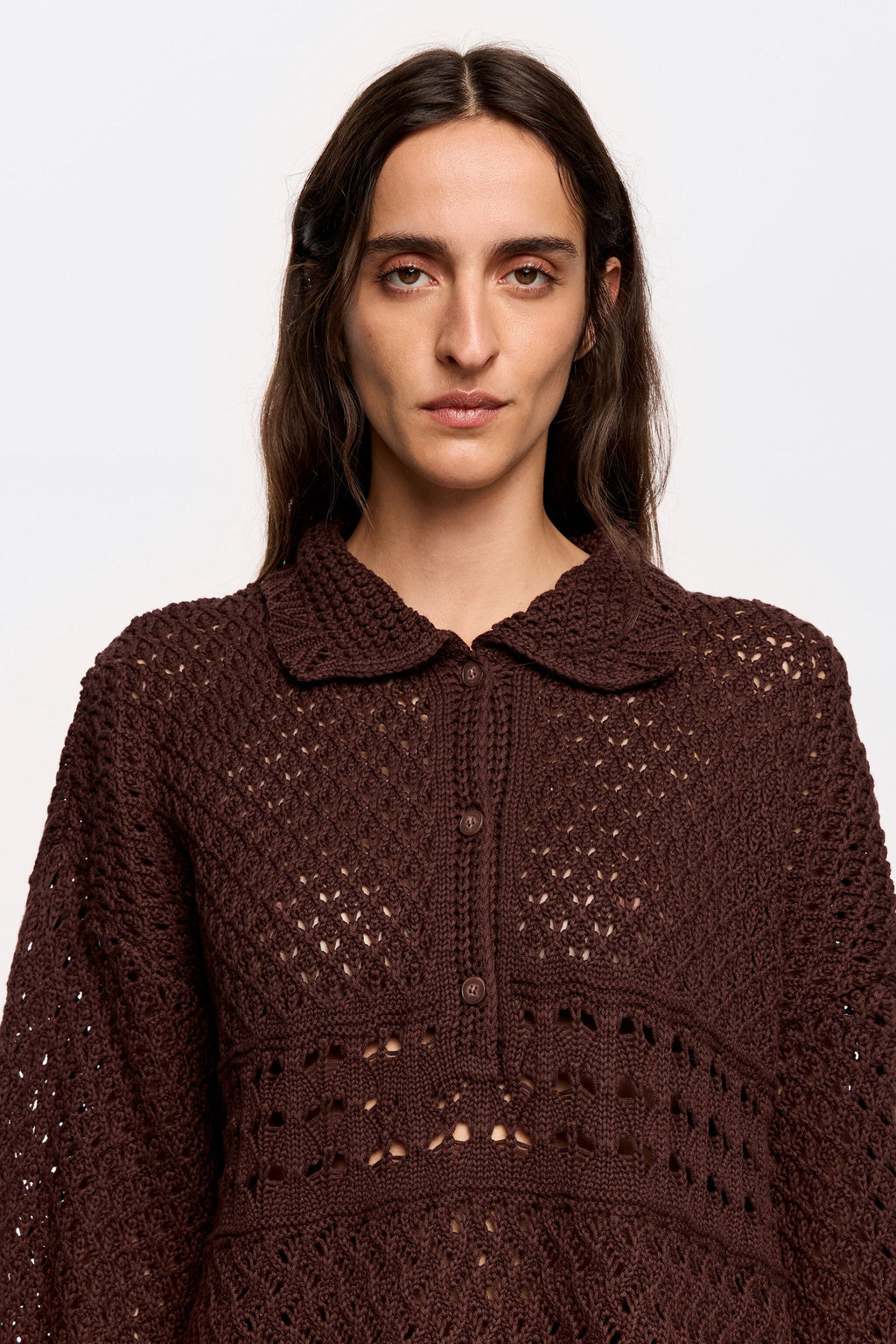 Dark brown crochet polo shirt