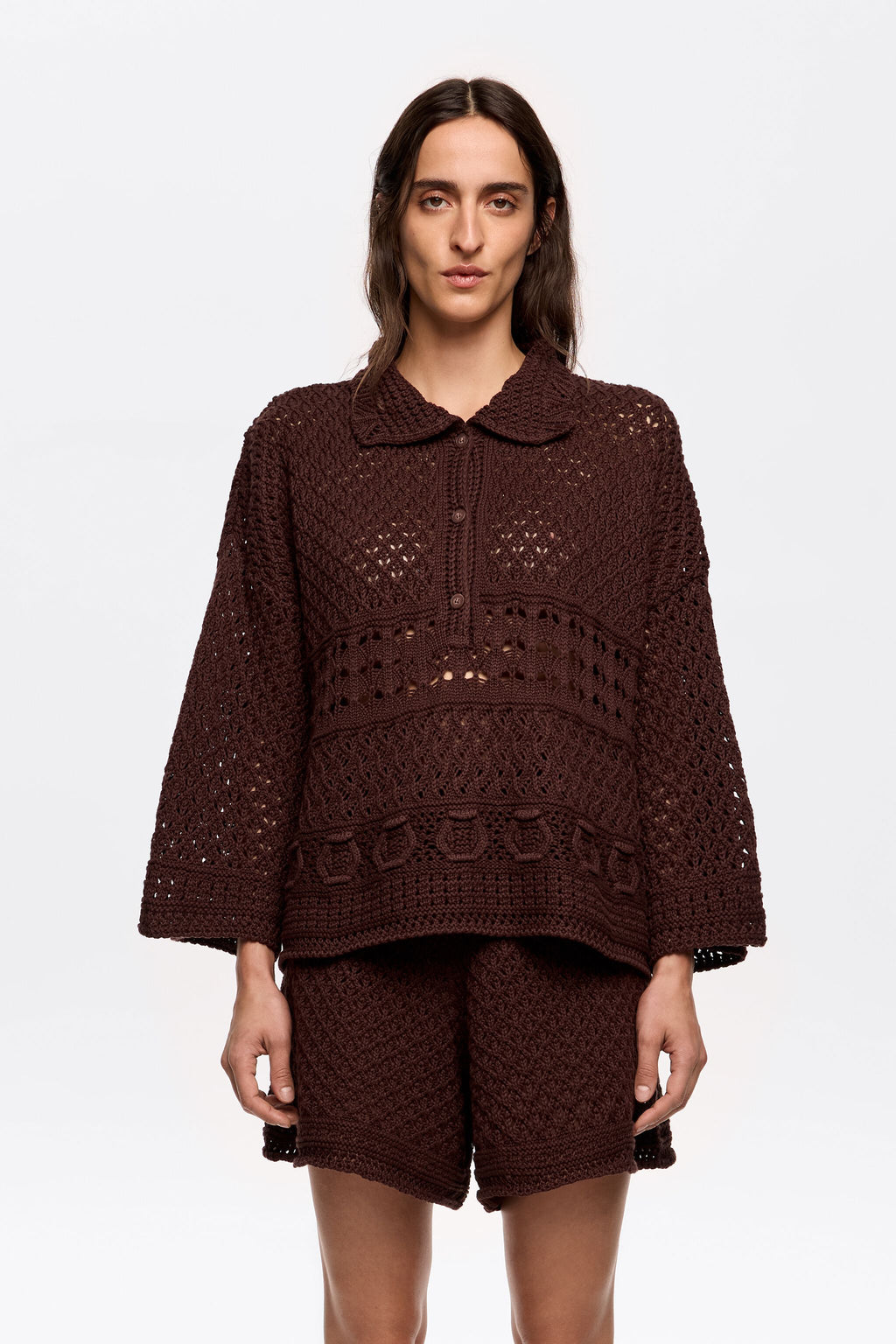 Dark brown crochet polo shirt