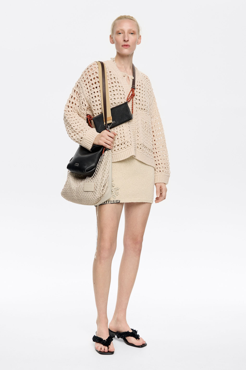Beige straight openwork cardigan