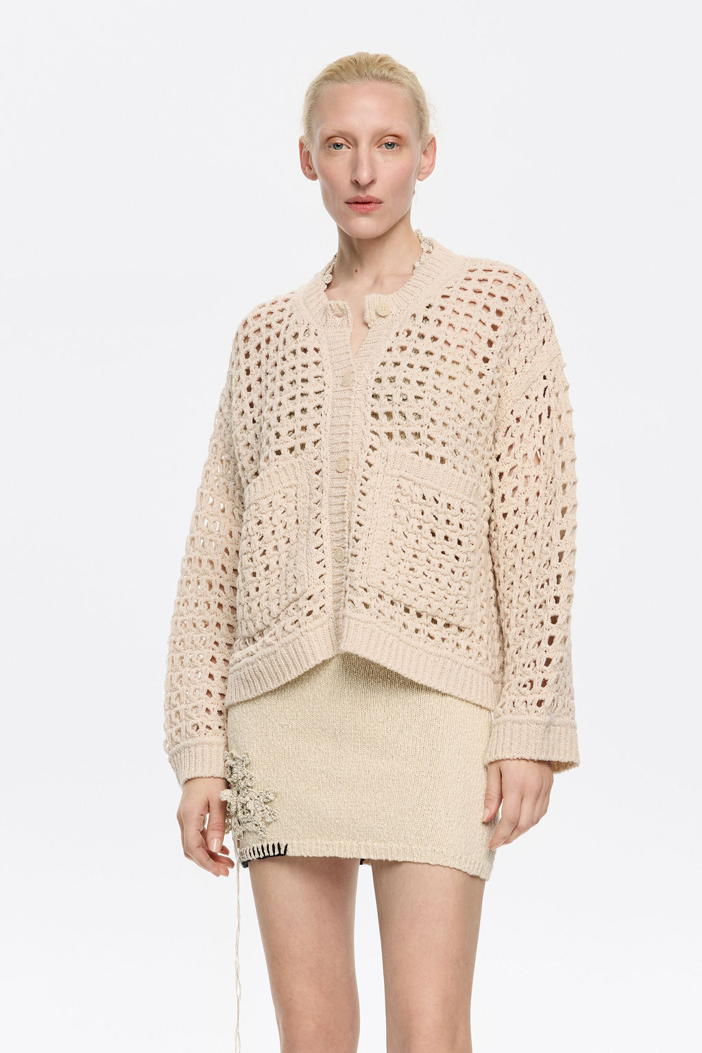 Beige straight openwork cardigan
