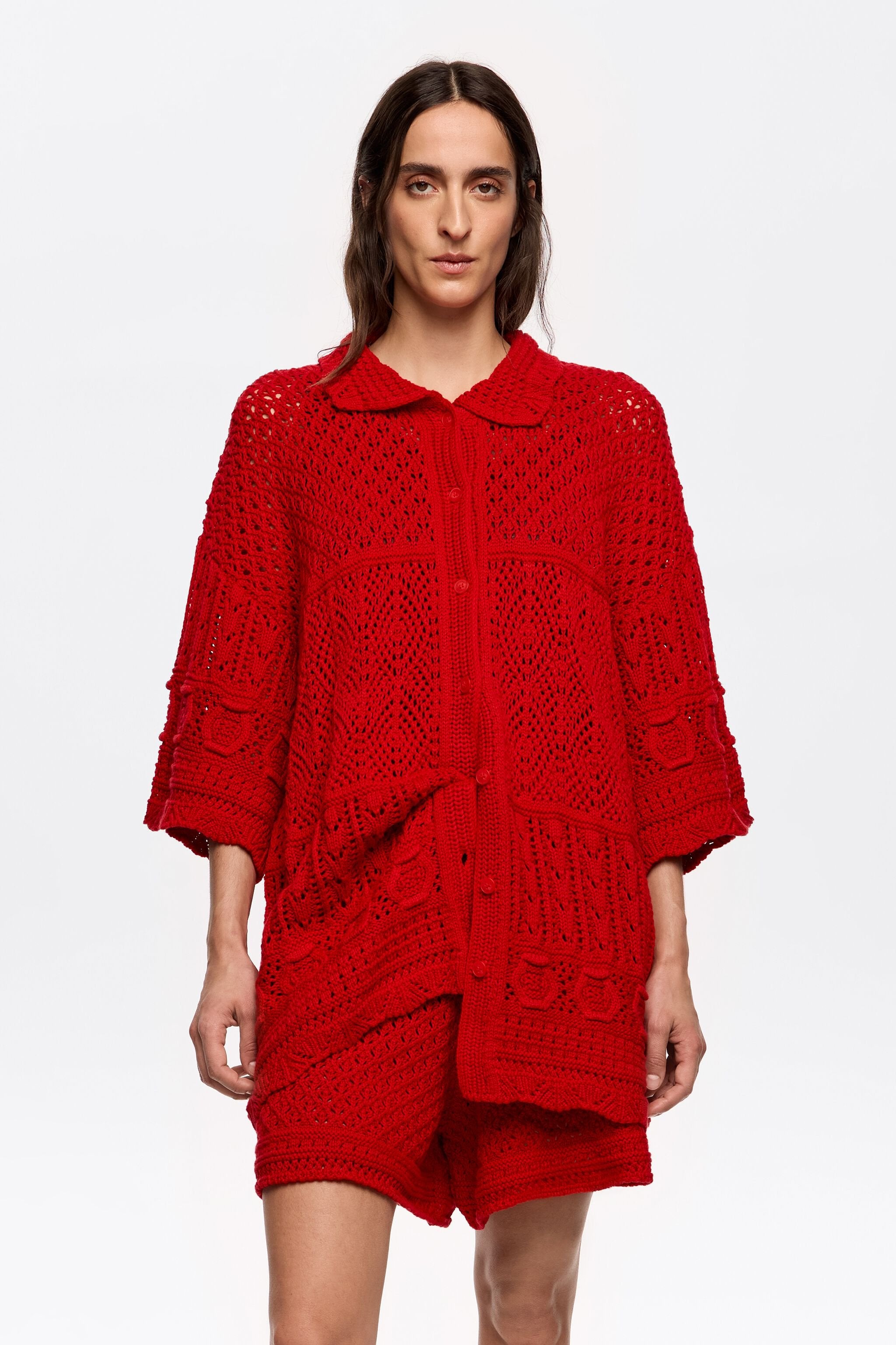 Red oversize crochet cardigan