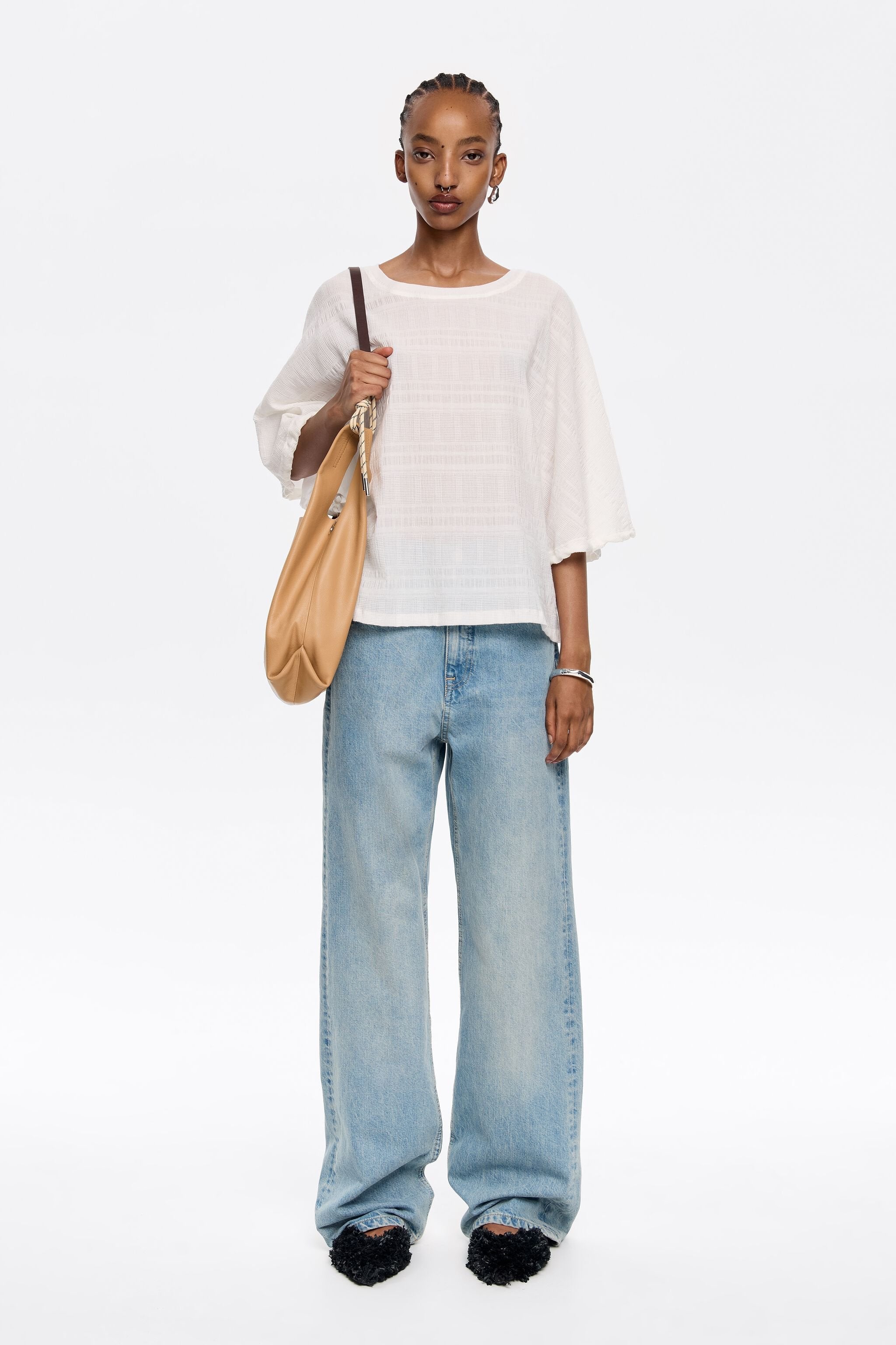 Ivory cotton two-fabric T-shirt