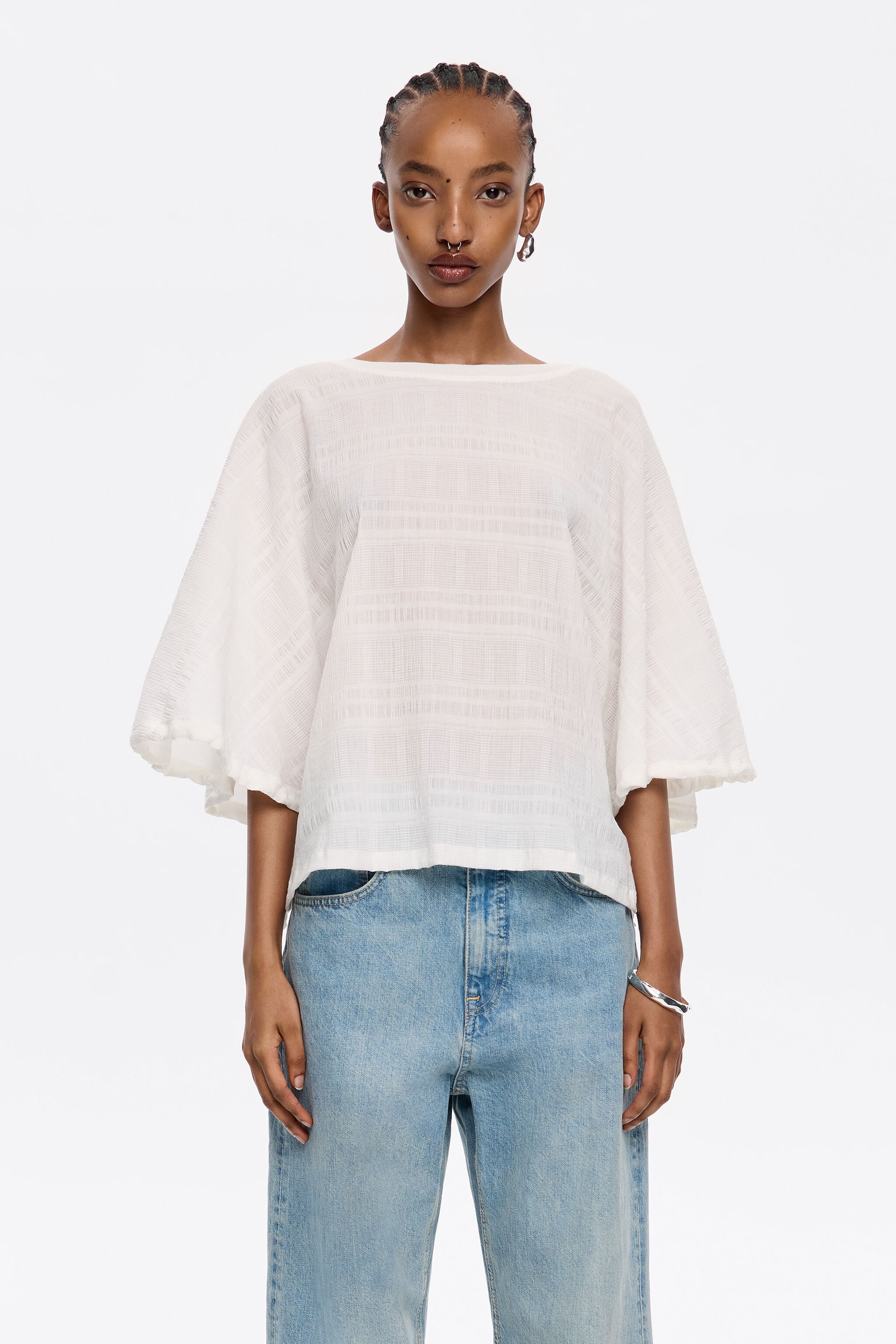 Ivory cotton two-fabric T-shirt