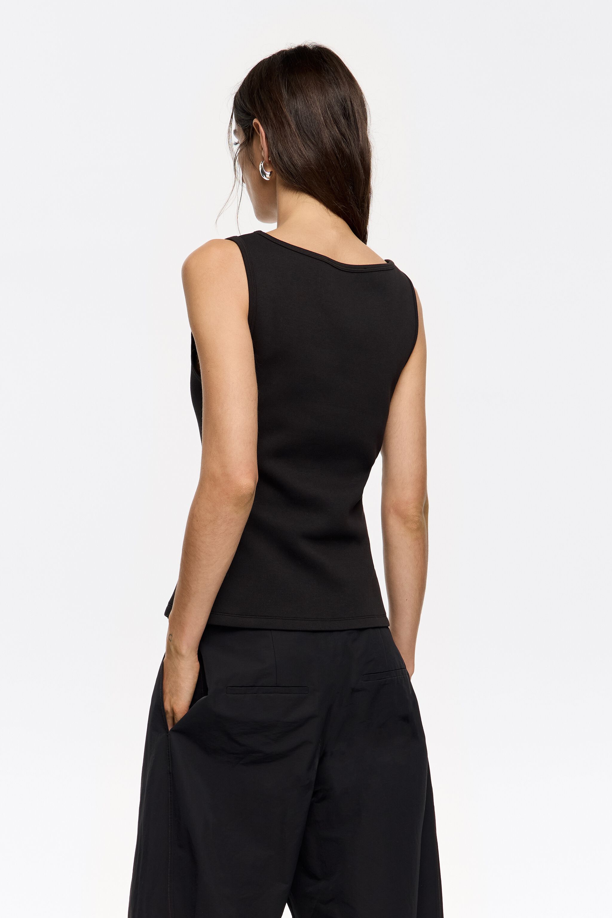 Black fitted top with square neckline
