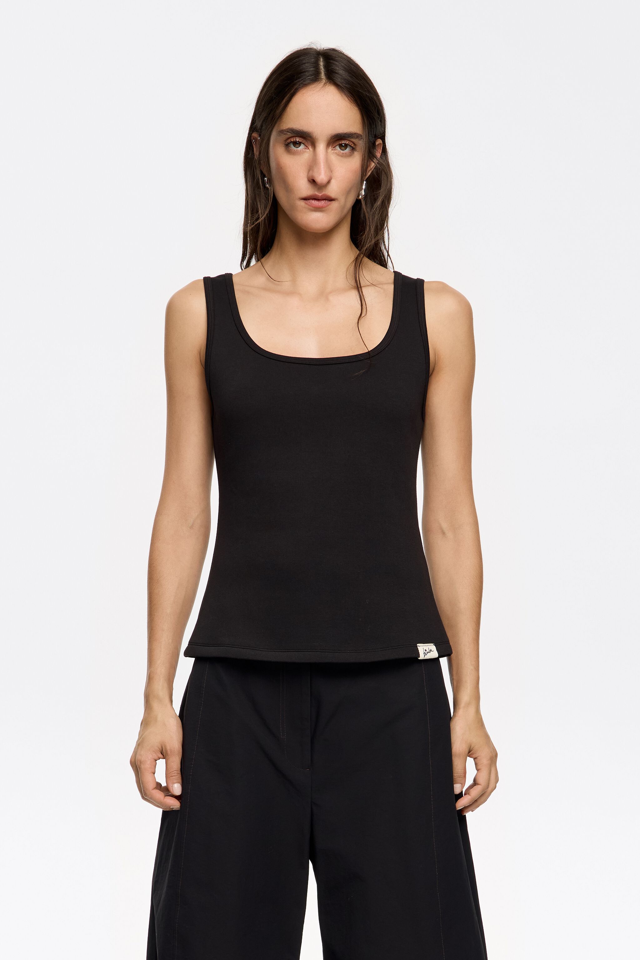 Black fitted top with square neckline