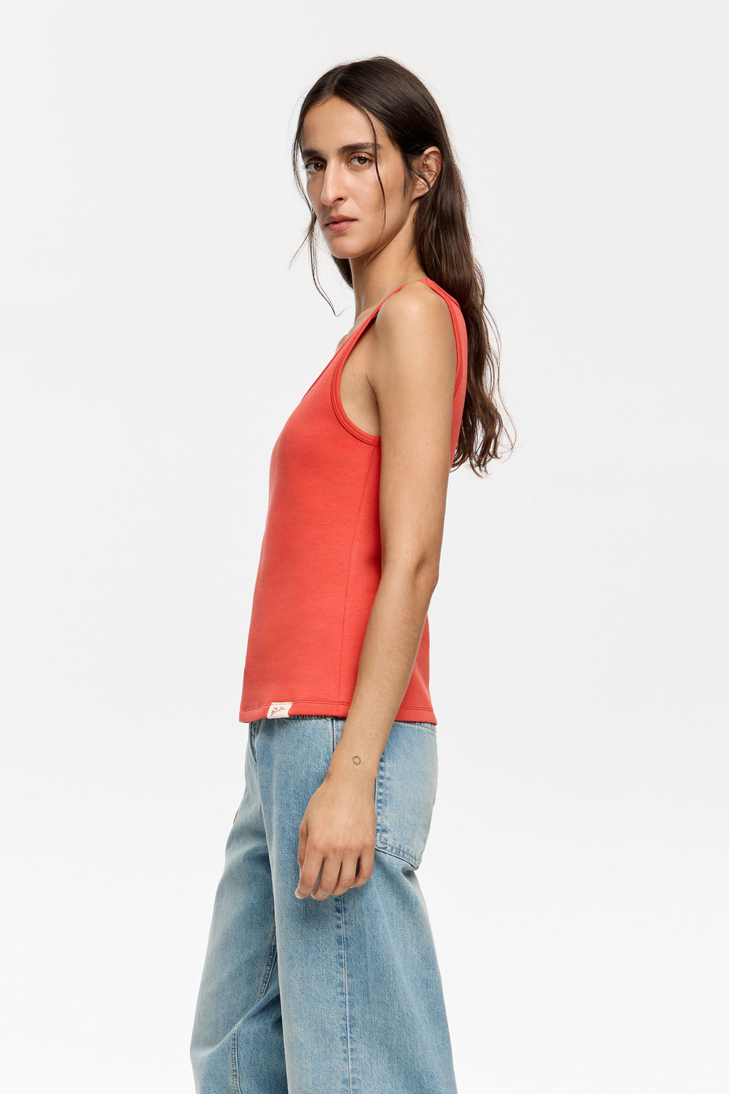 Red fitted top with square neckline