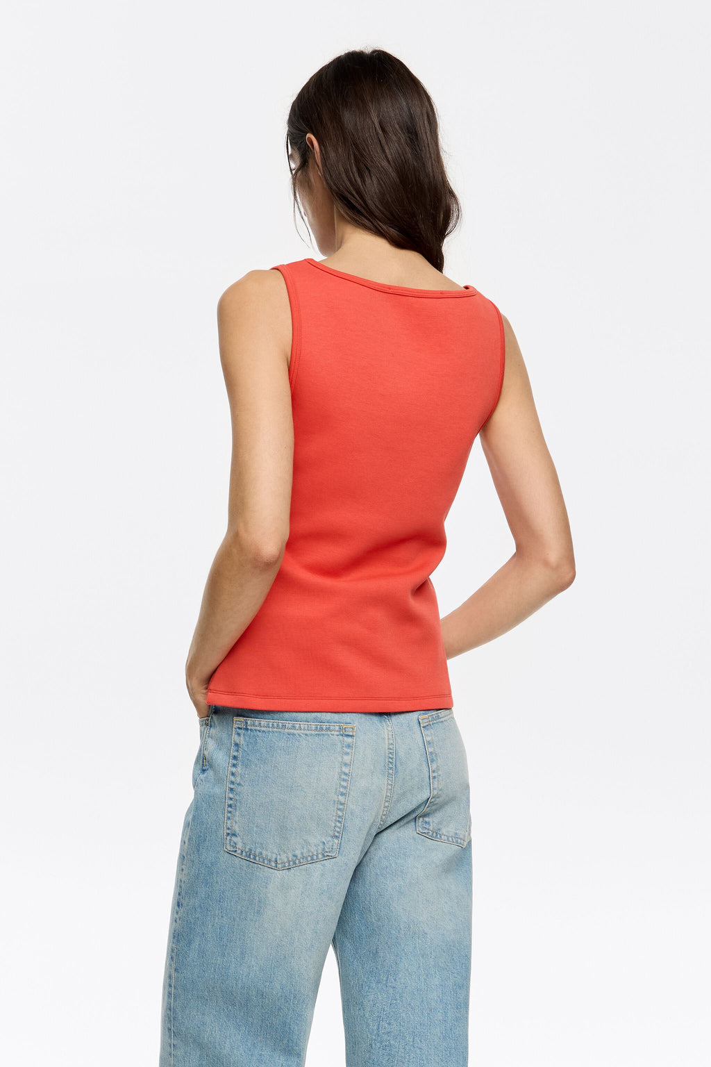 Red fitted top with square neckline