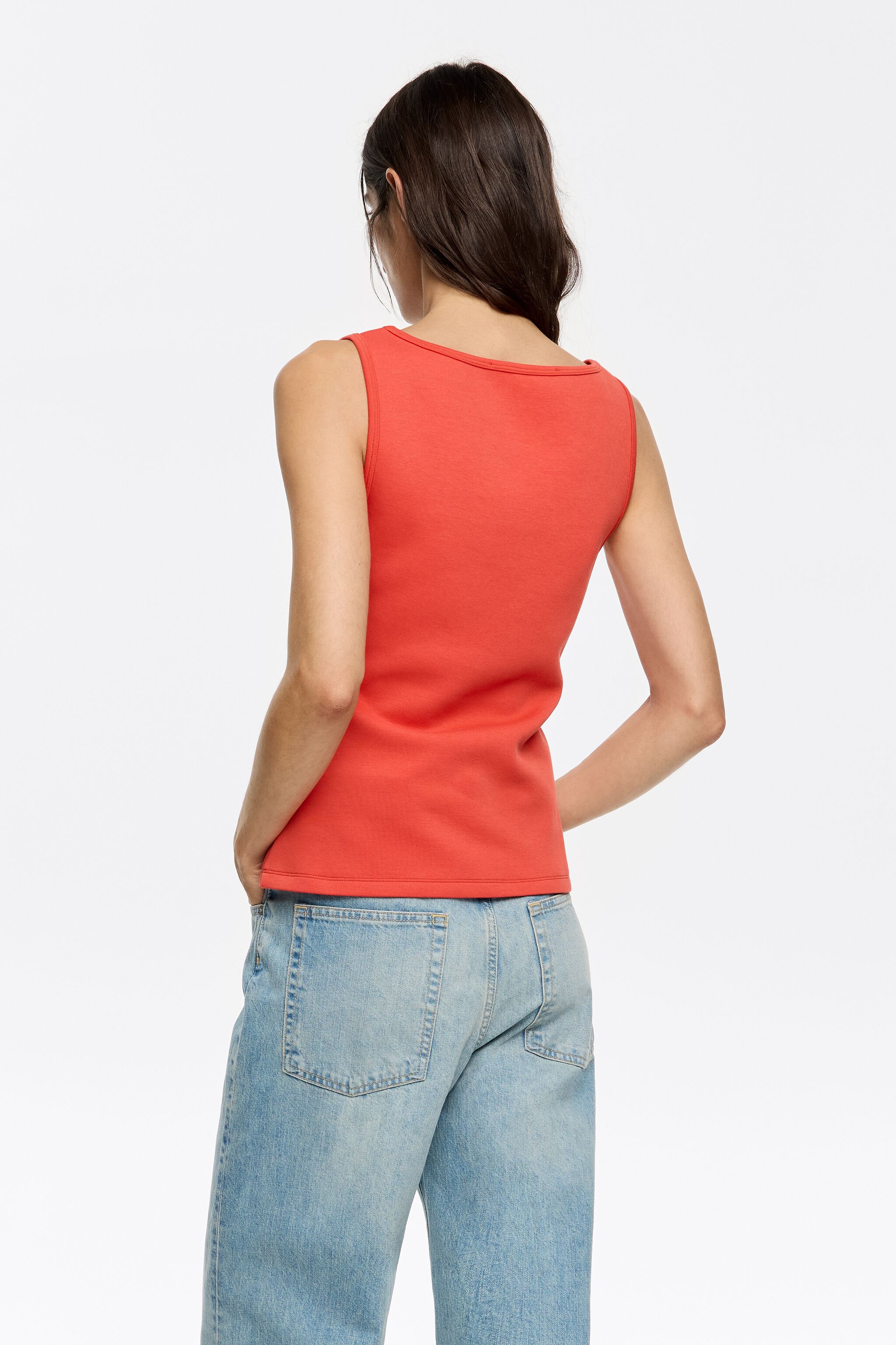 Red fitted top with square neckline