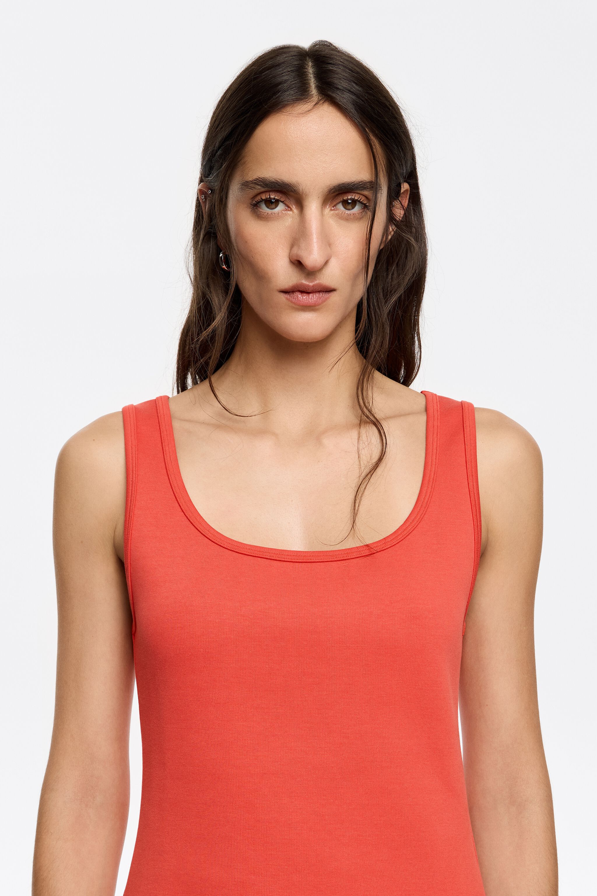 Red fitted top with square neckline