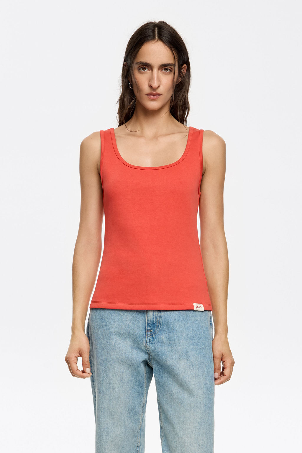 Red fitted top with square neckline