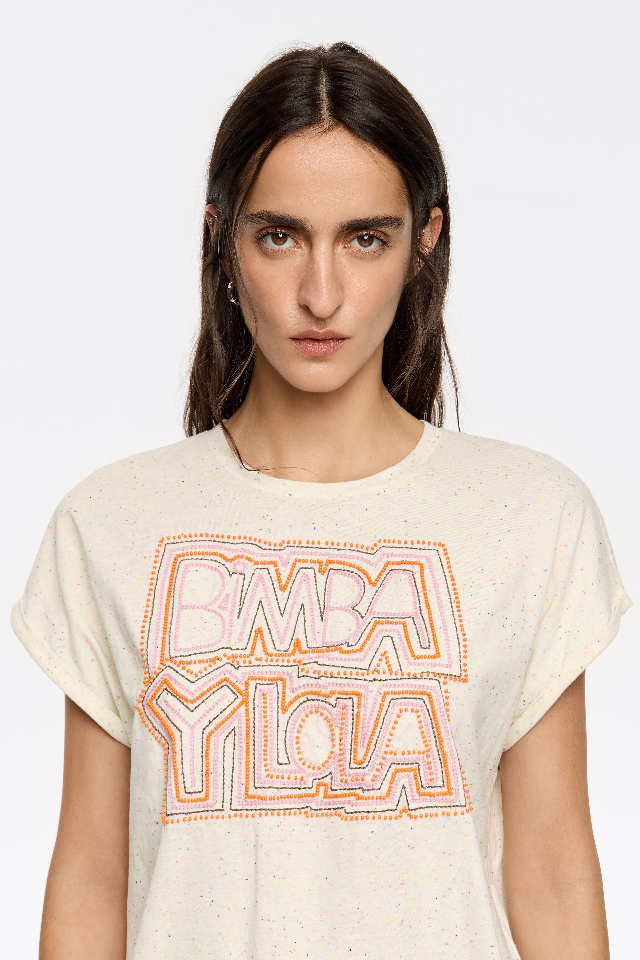 White embroidered and beaded logo T-shirt