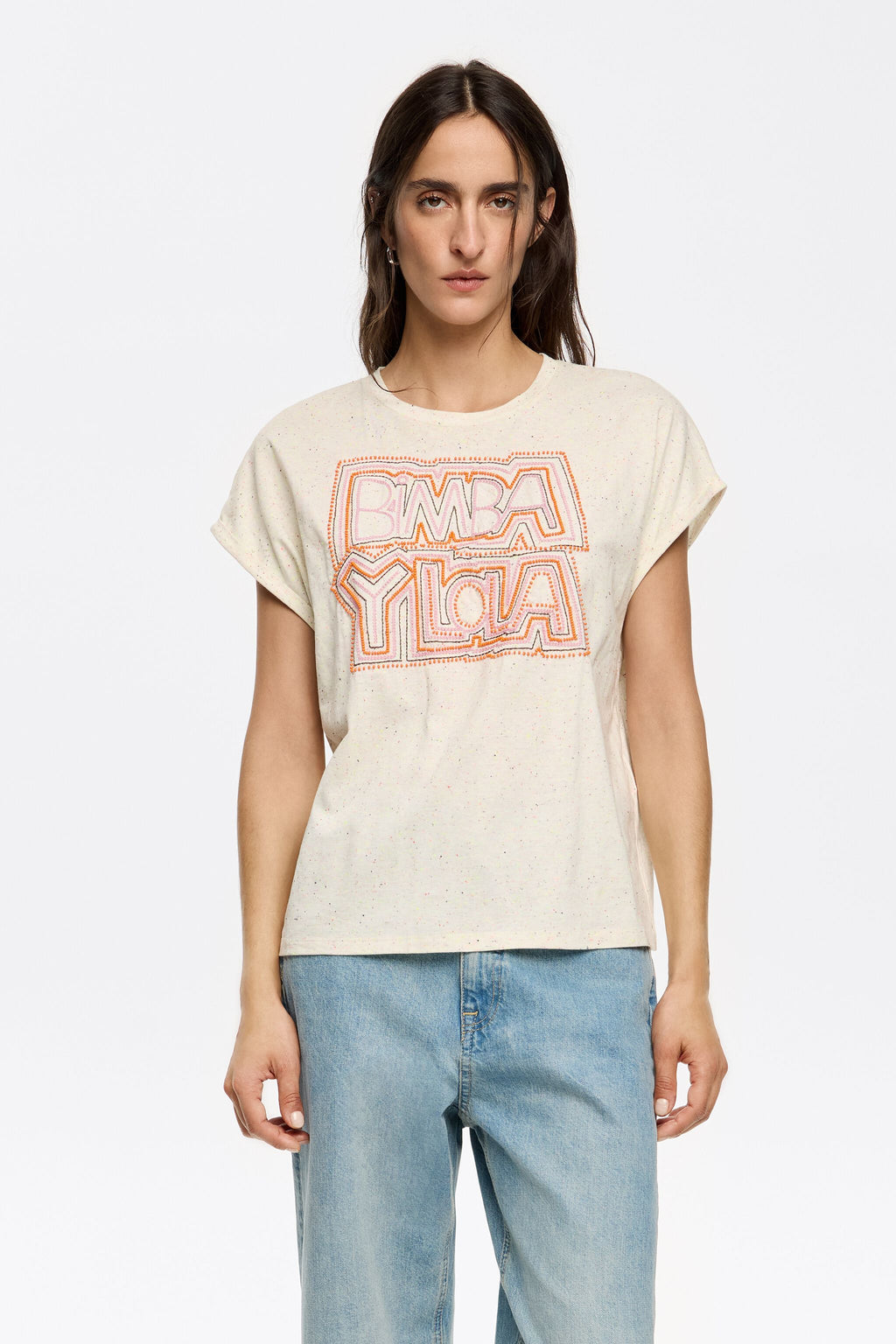 White embroidered and beaded logo T-shirt