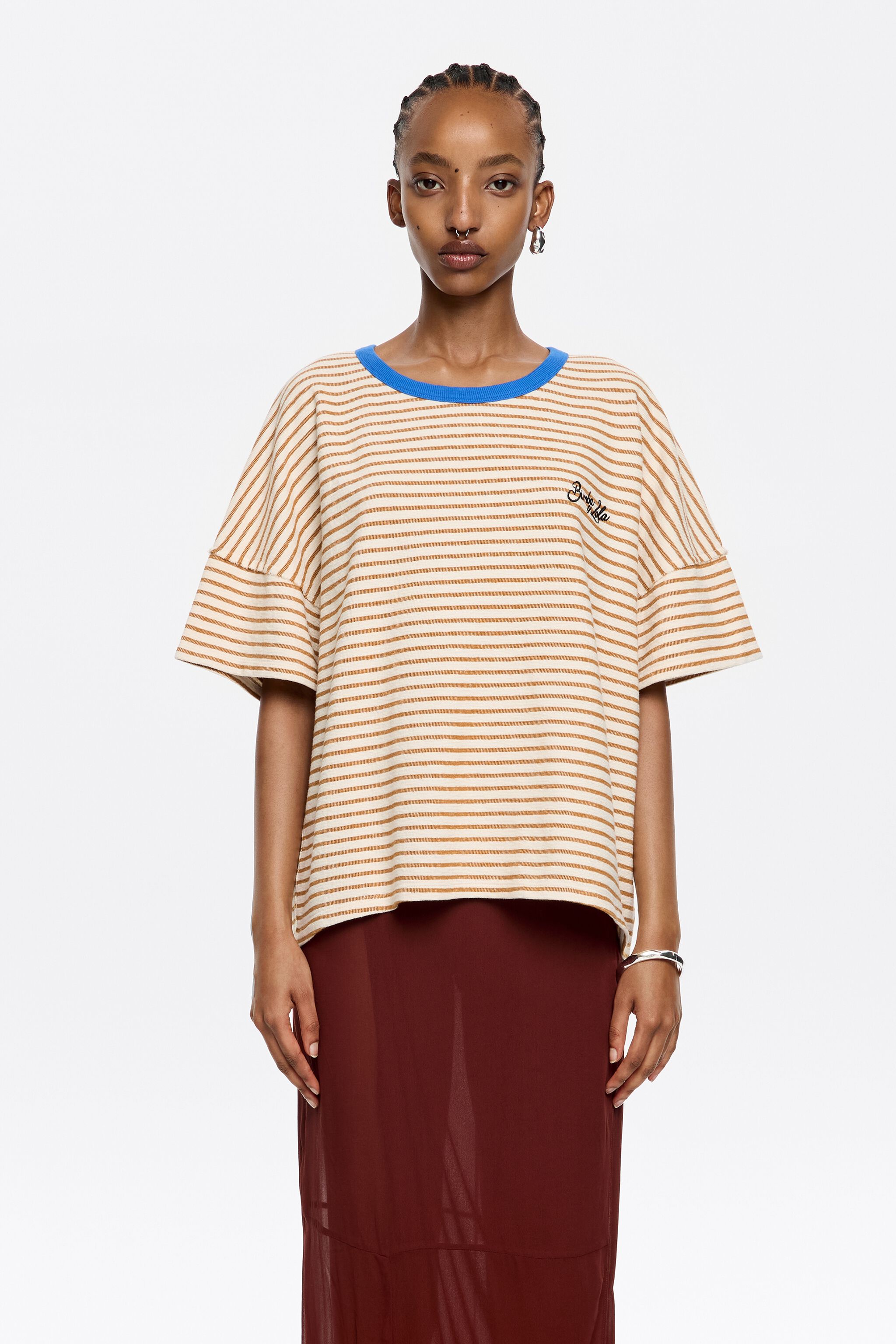 Caramel striped cotton boxy T-shirt