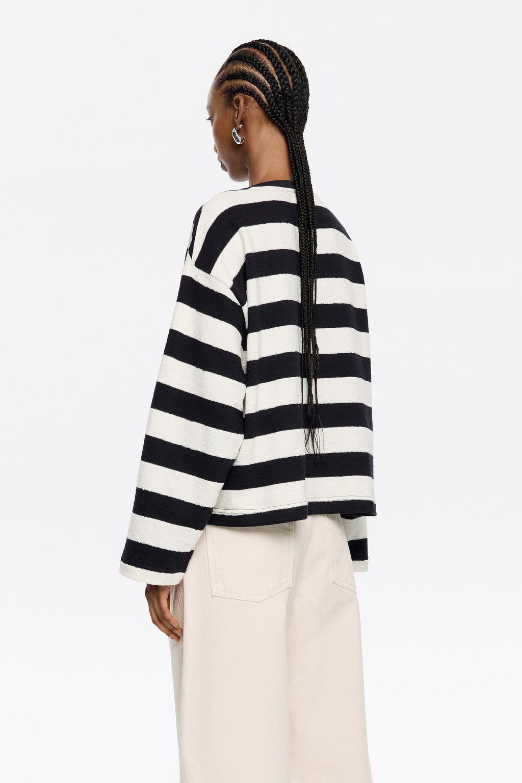 Navy blue striped cotton straight T-shirt