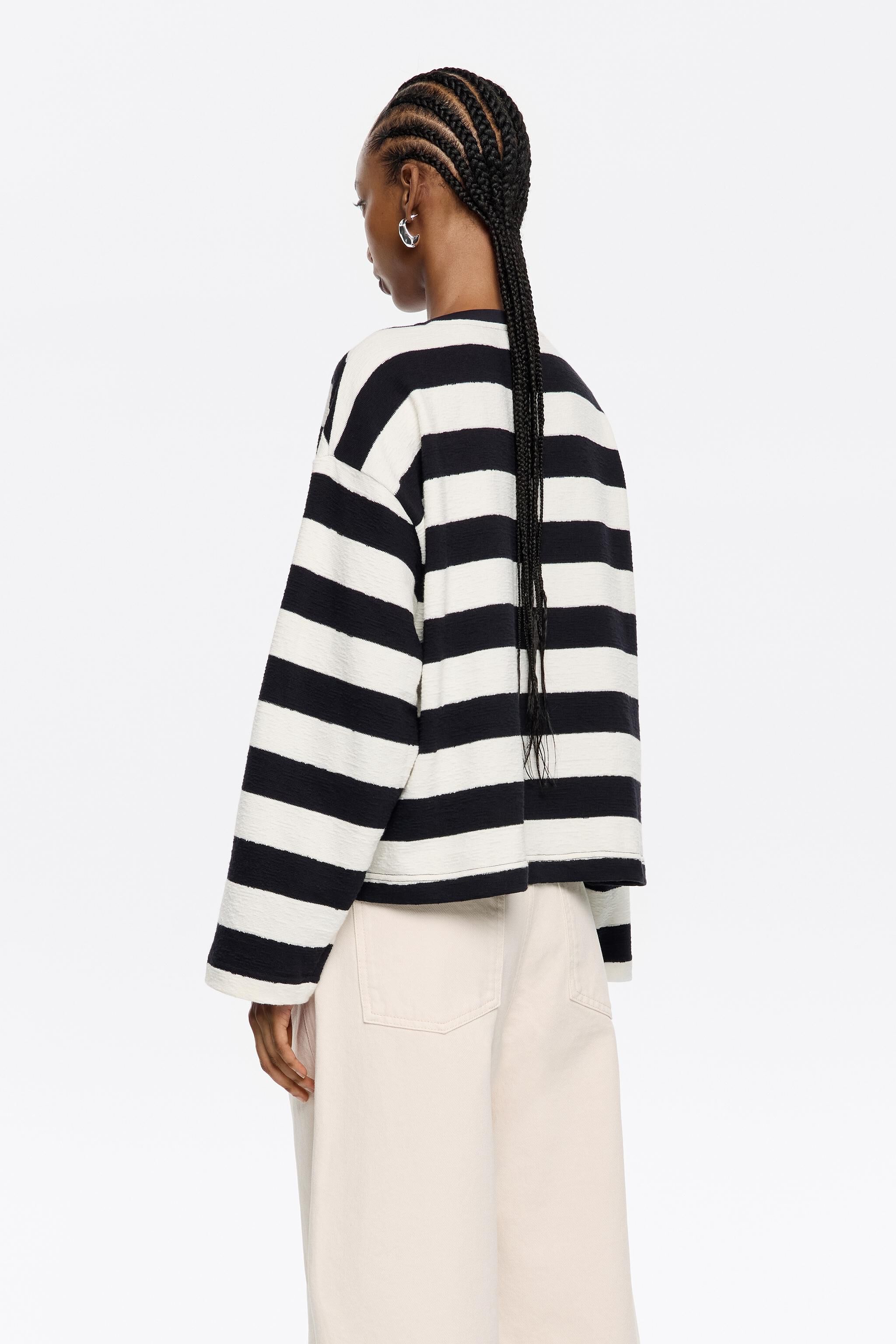 Navy blue striped cotton straight T-shirt