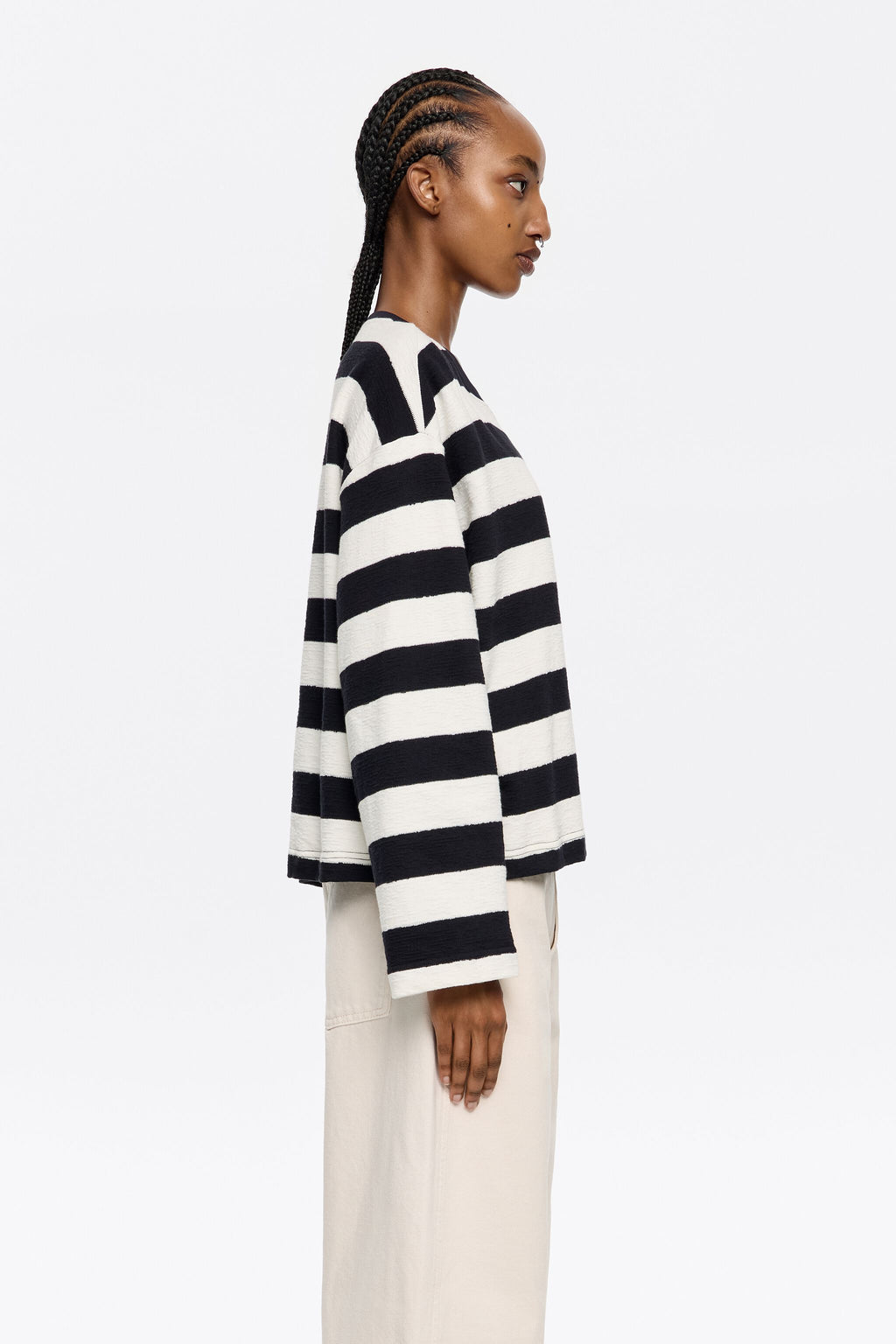 Navy blue striped cotton straight T-shirt