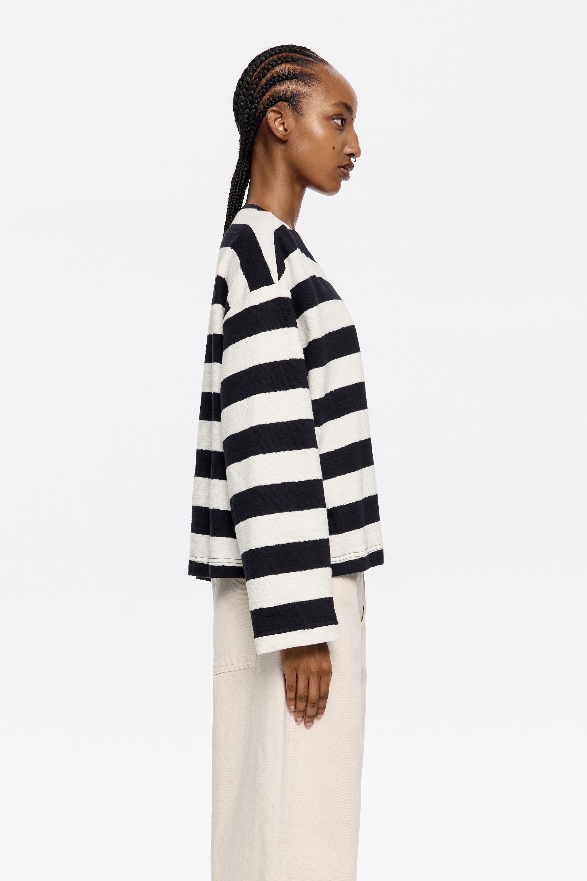 Navy blue striped cotton straight T-shirt