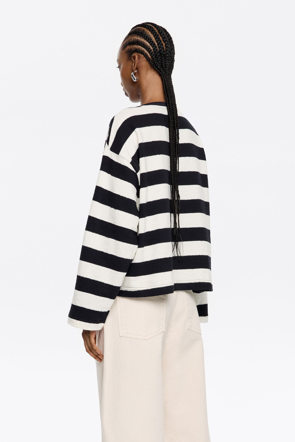 Navy blue striped cotton straight T-shirt