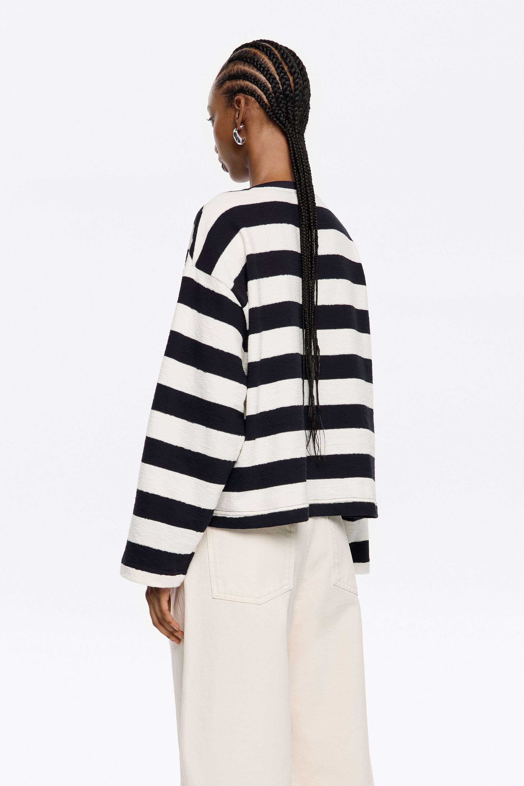 Navy blue striped cotton straight T-shirt