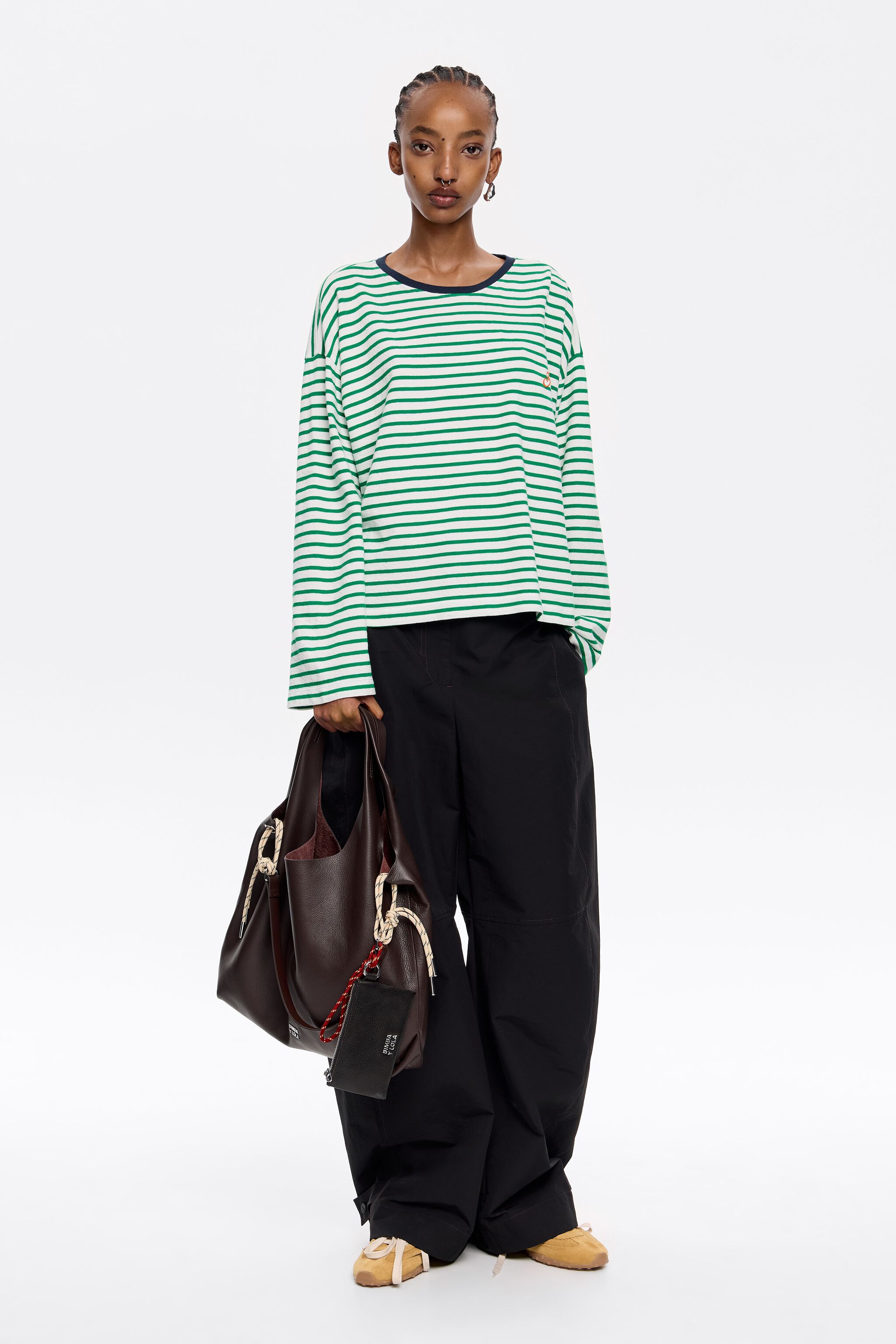 Green striped cotton straight T-shirt