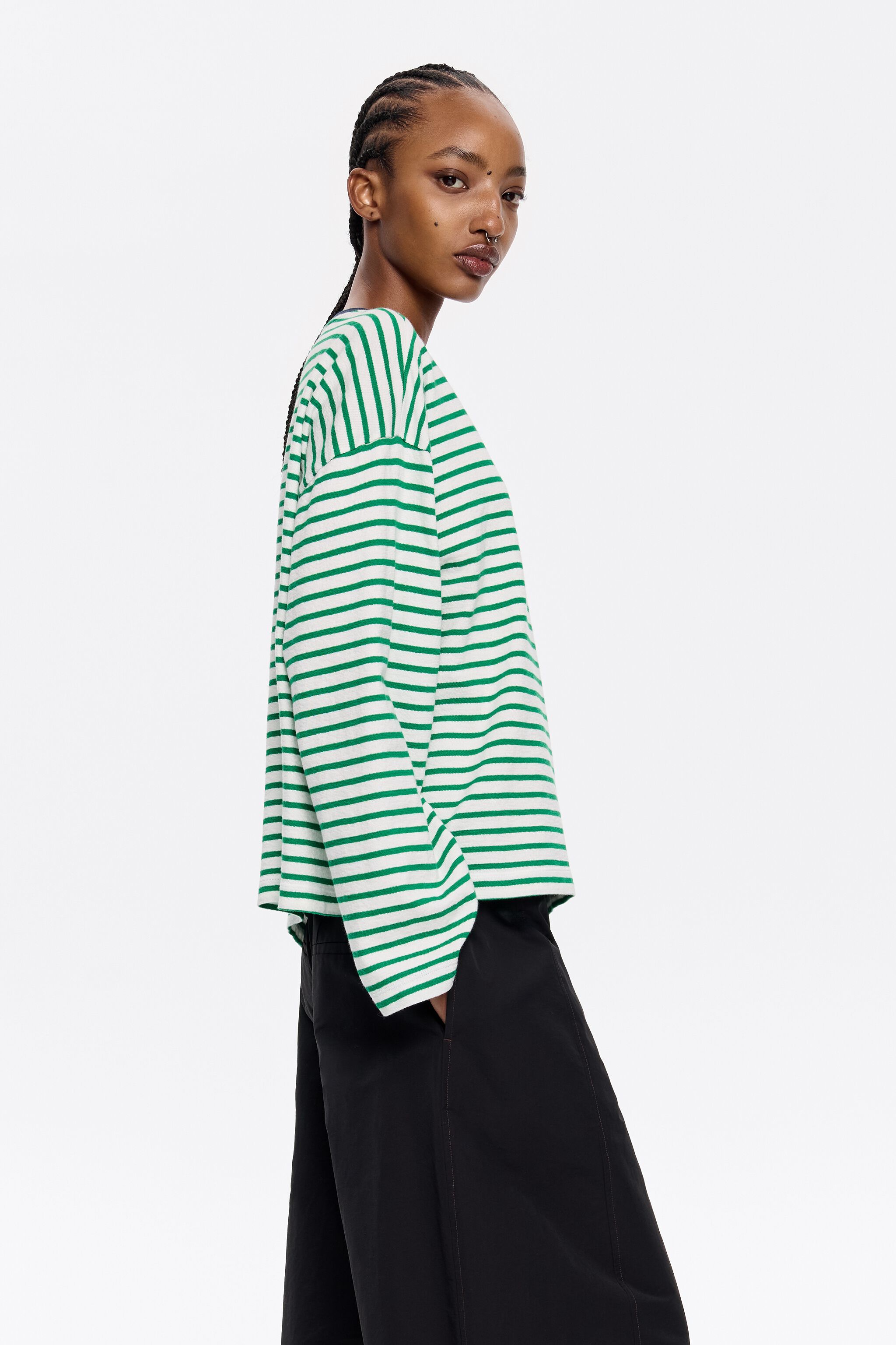 Green striped cotton straight T-shirt