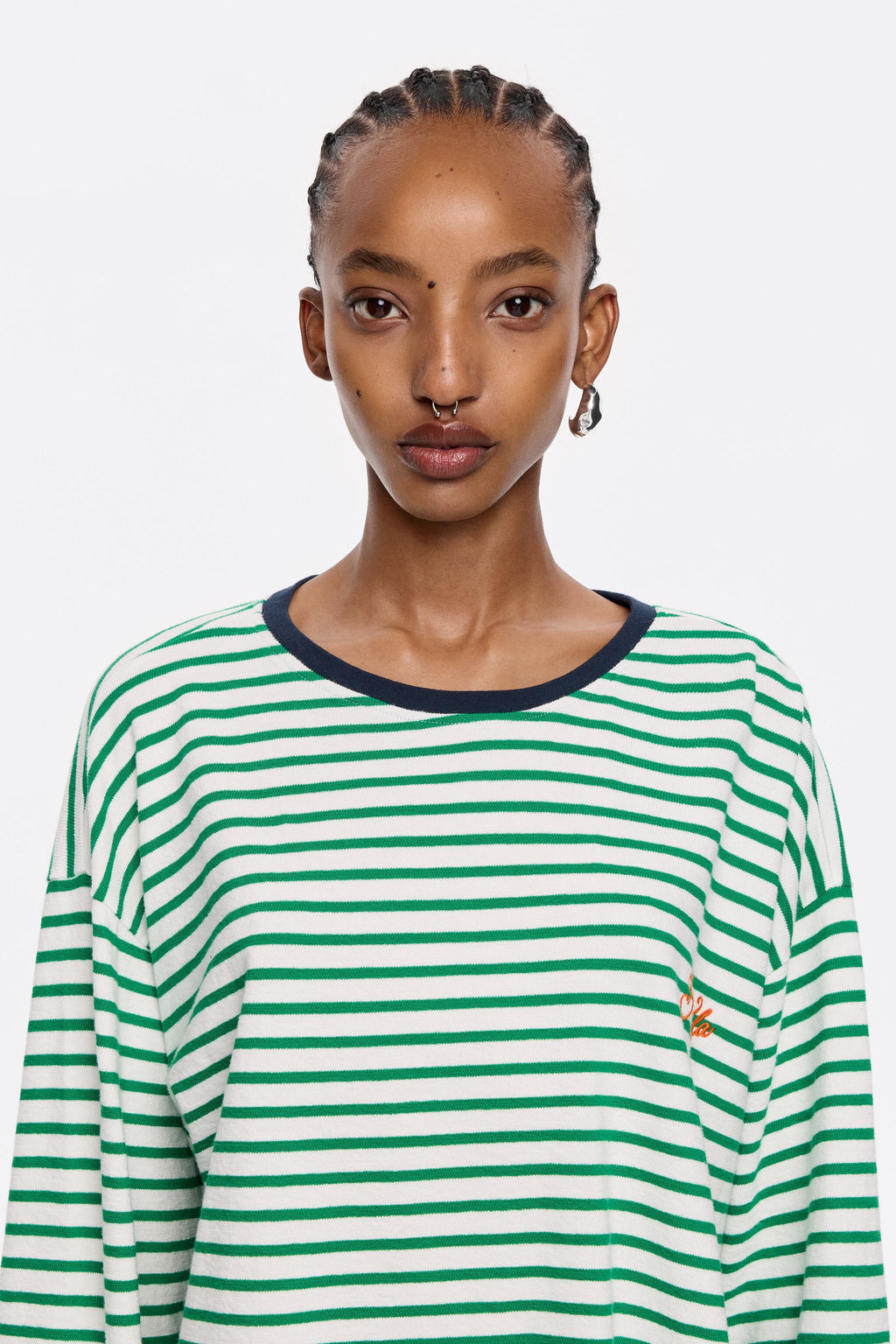 Green striped cotton straight T-shirt