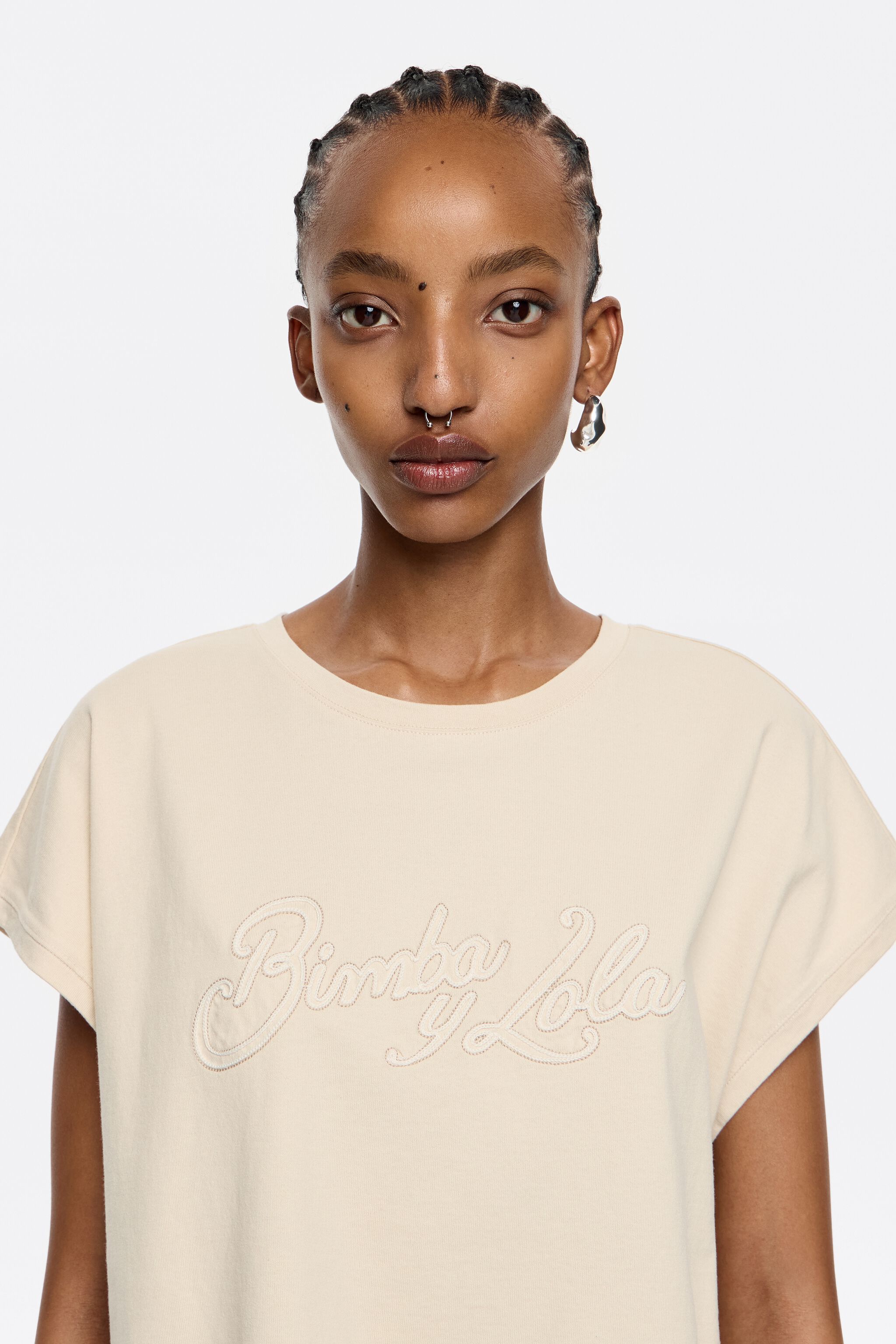 Light khaki cotton logo T-shirt