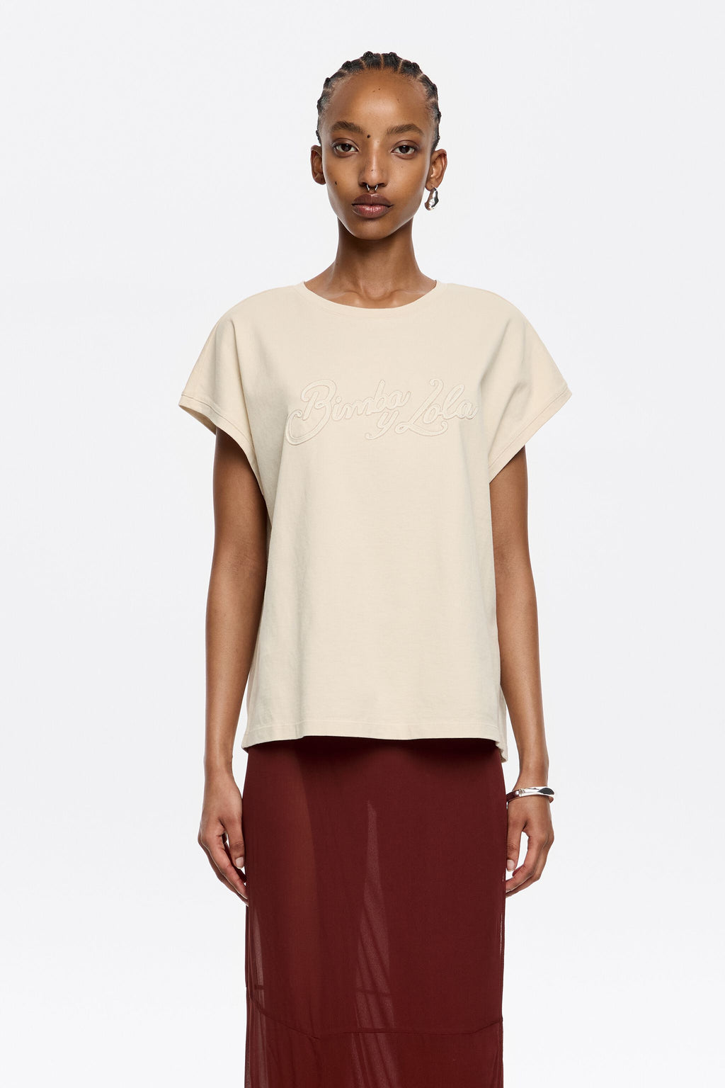 Light khaki cotton logo T-shirt