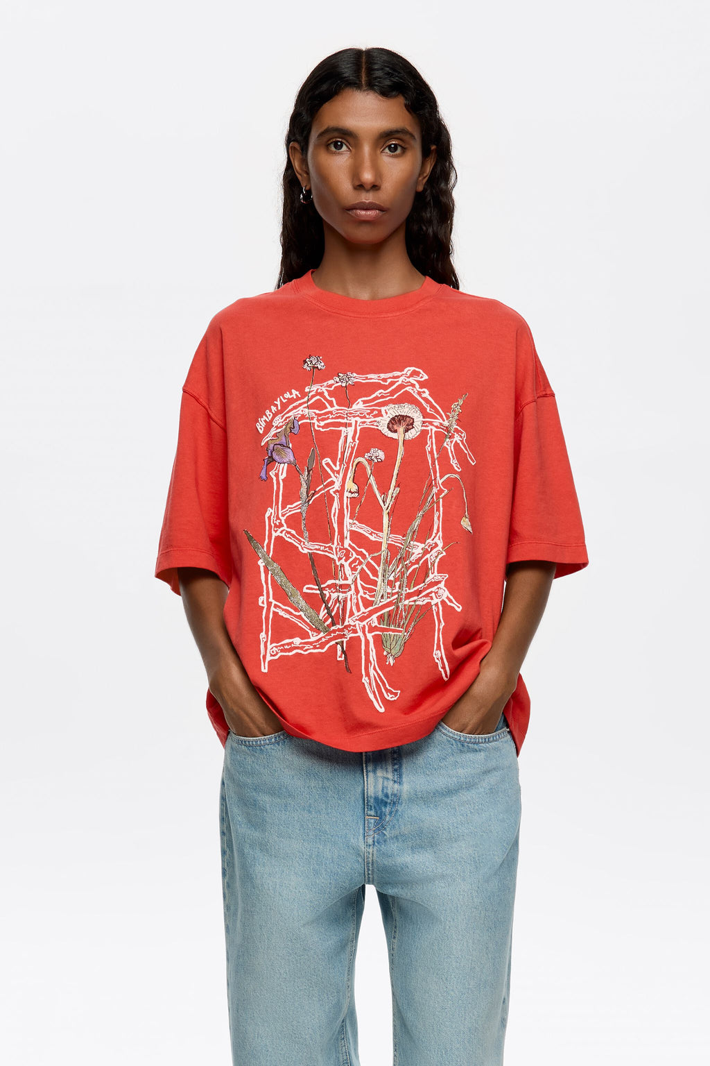 Red oversize embroidered logo T-shirt