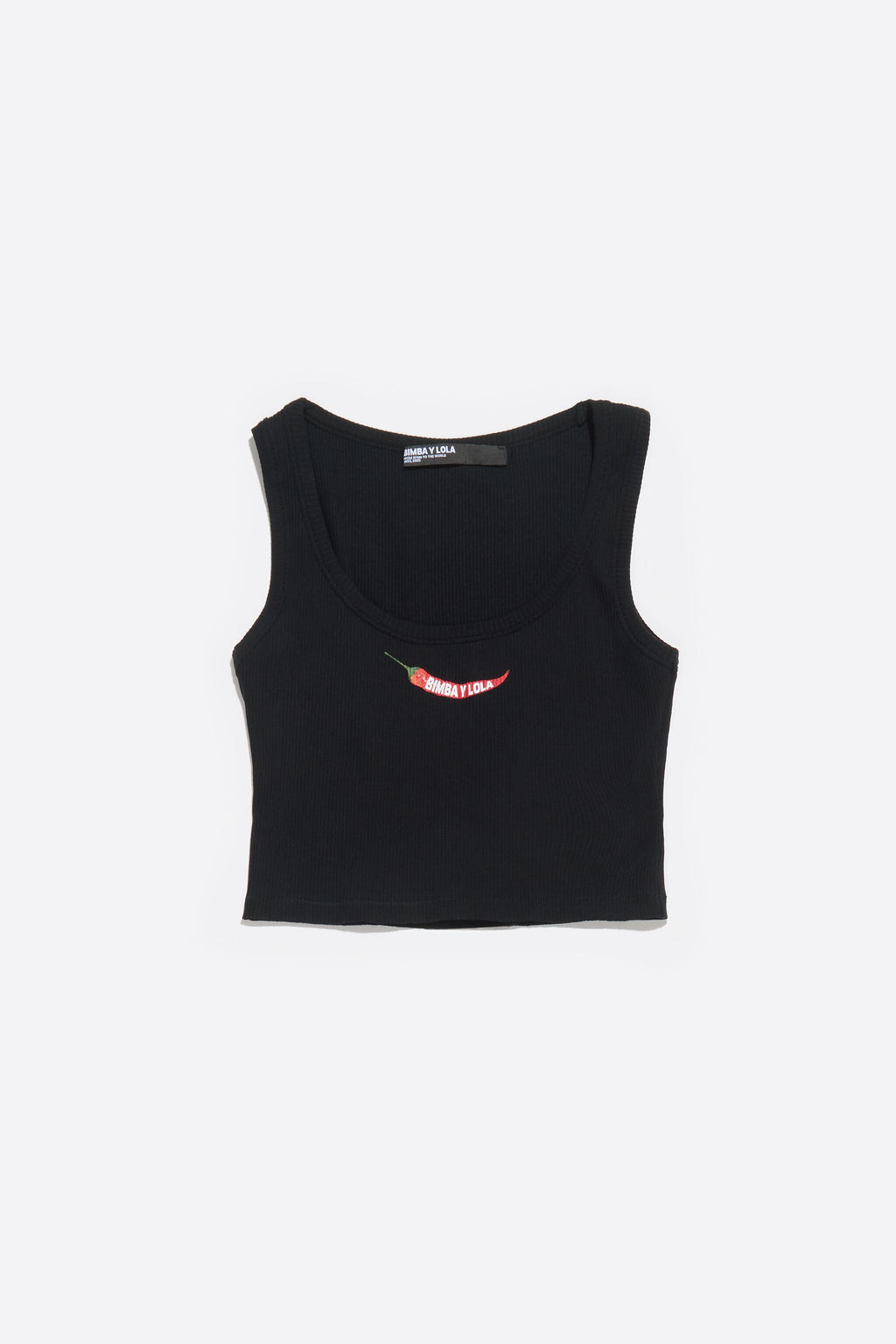 Black short top with chili pepper logo
