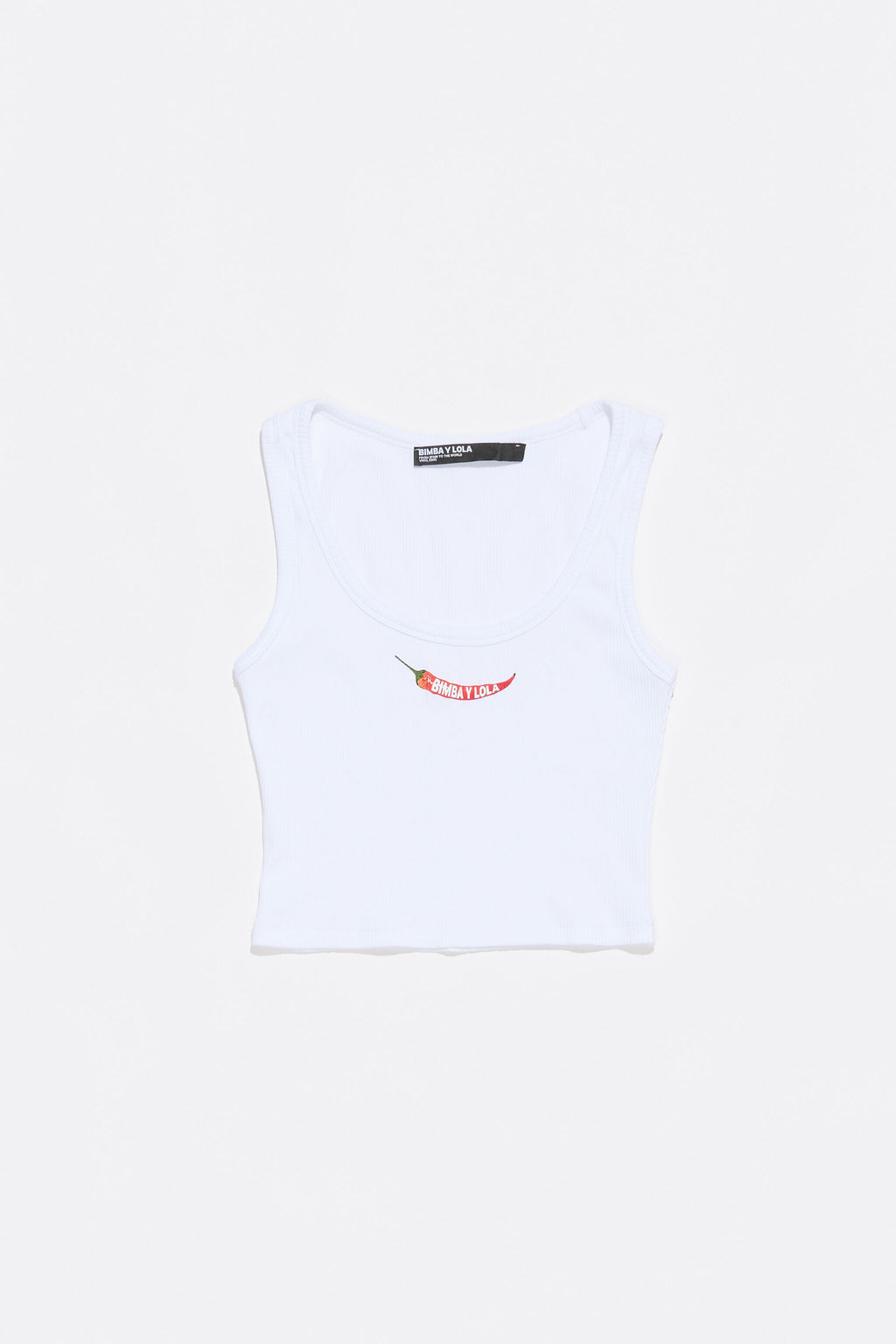 White short top with chili pepper logo