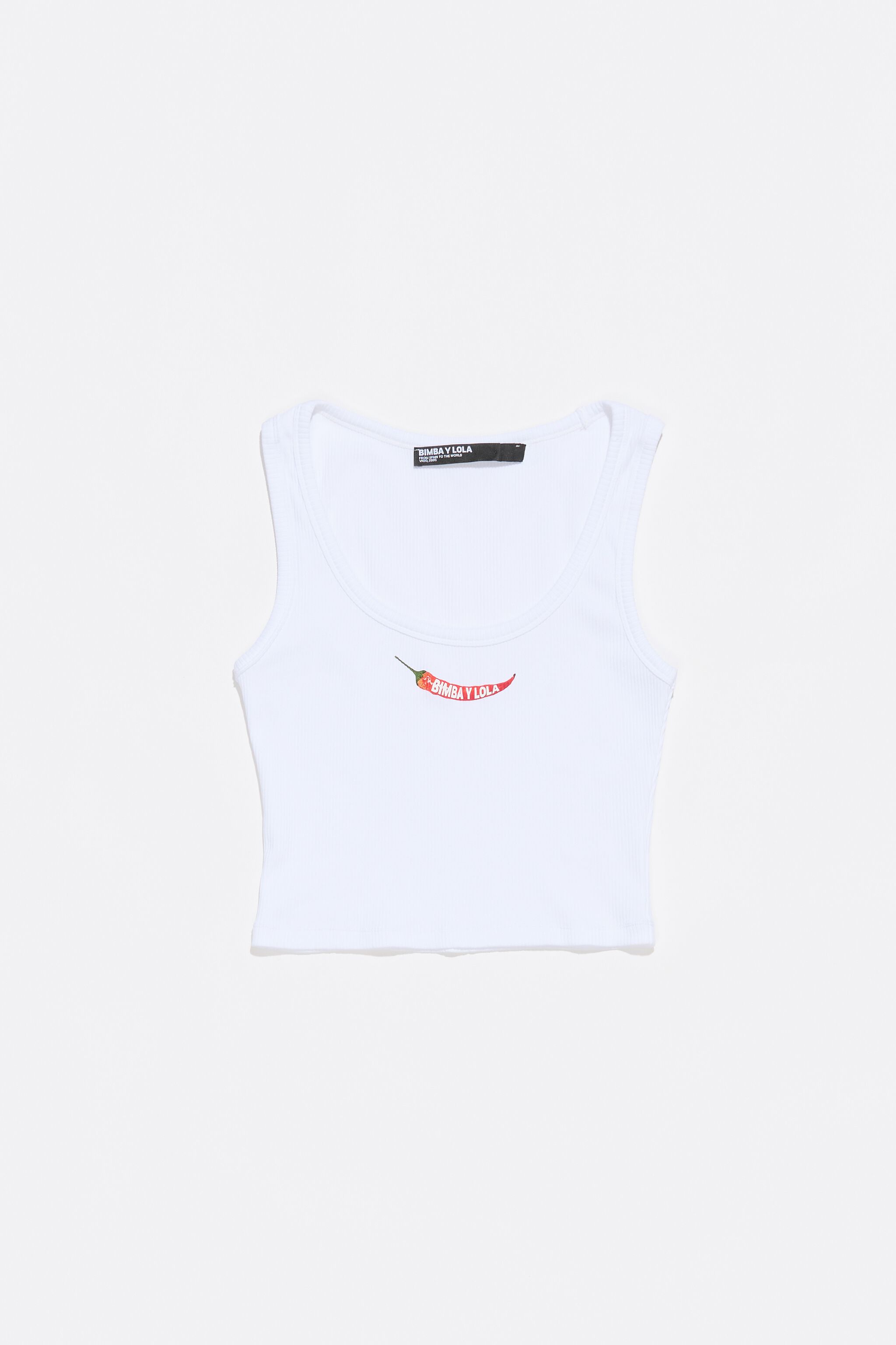 White short top with chili pepper logo